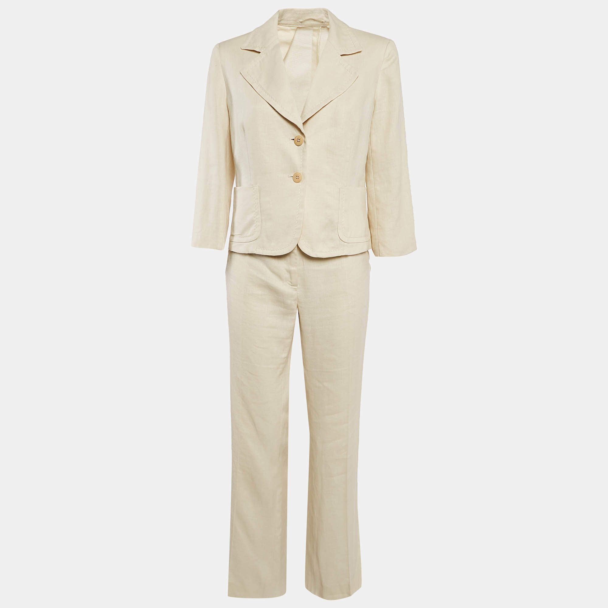 Pre Owned Max Mara Cream Linen Single Breasted Pantsuit M