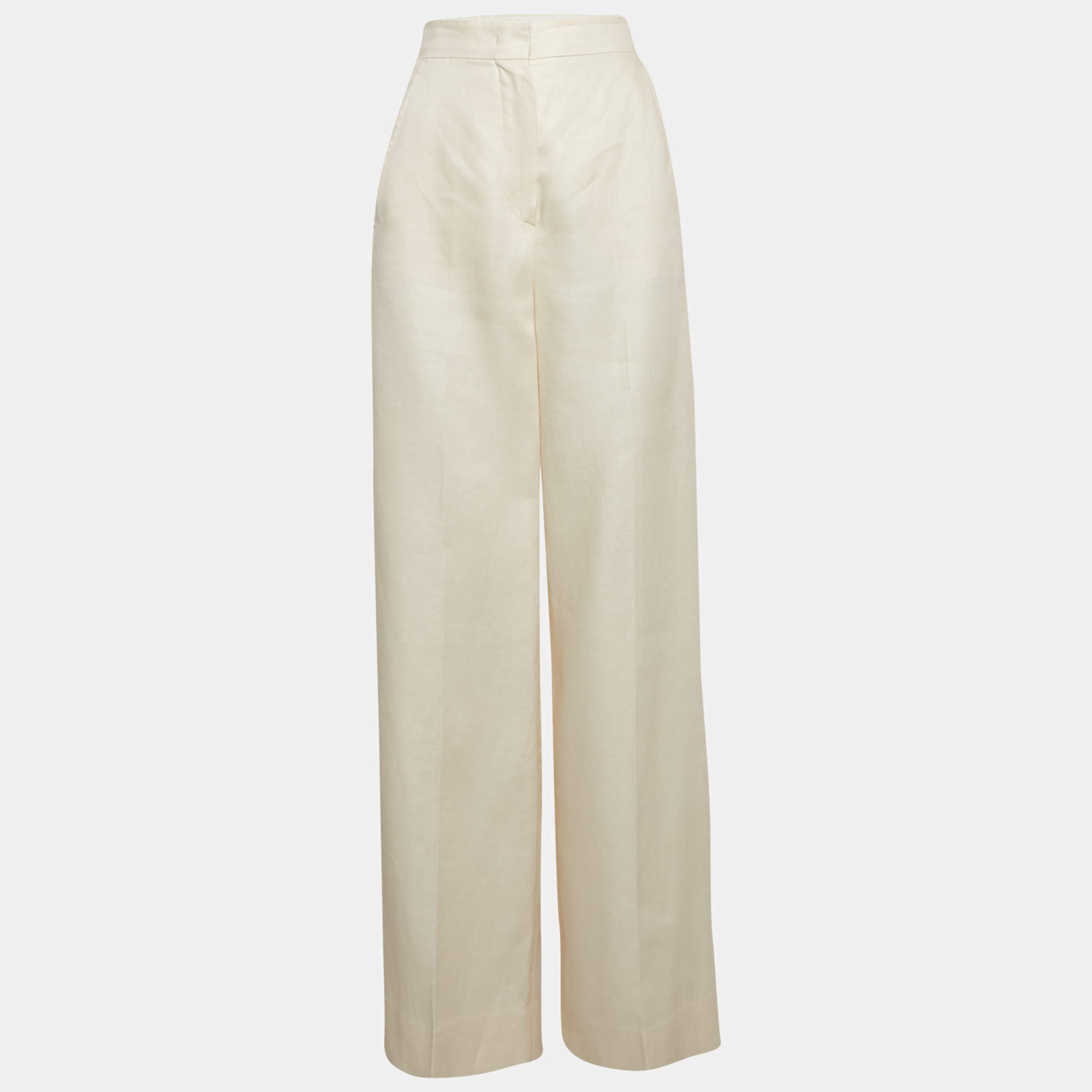 Pre Owned Max Mara Cream Linen Wide Leg Trousers S