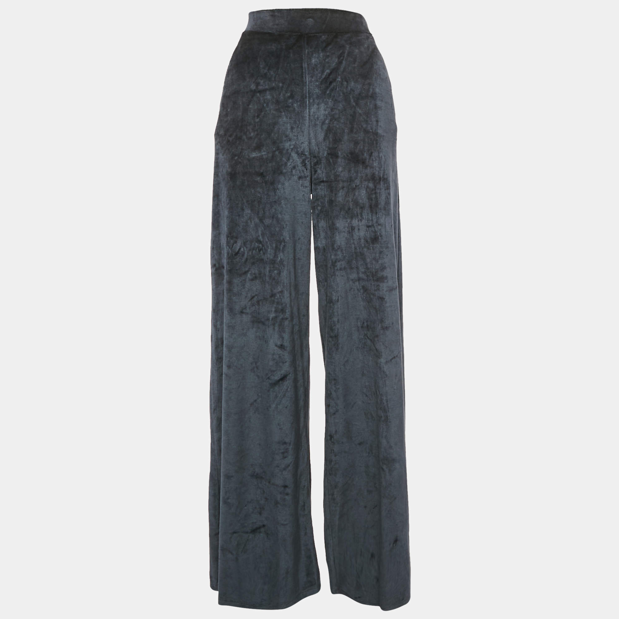 Pre Owned Max Mara Navy Blue Velvet Knit Wide Leg Pants M