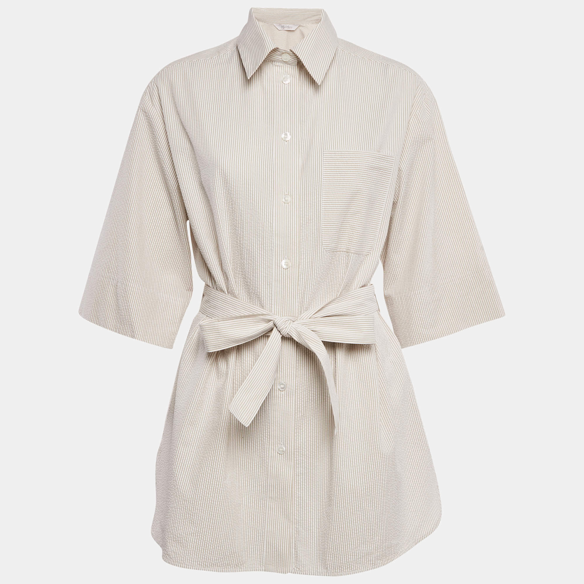 Max Mara Leisure Beige Seersucker Stripe Cotton Tie-Up Waist Detail Shirt L