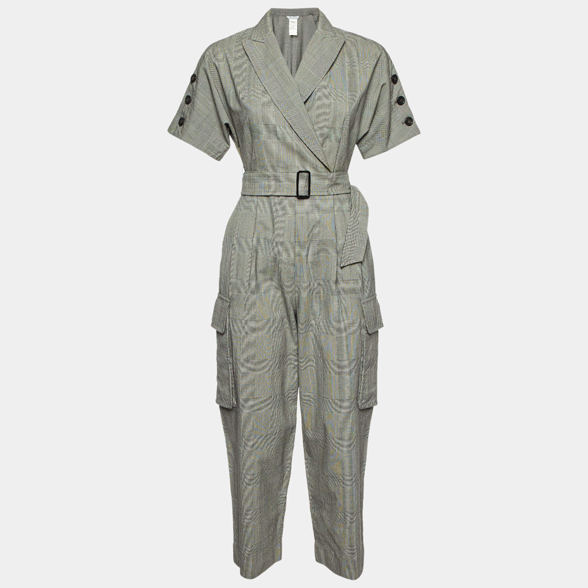 Max Mara Grey Check Virgin Wool Belted Jumpsuit S