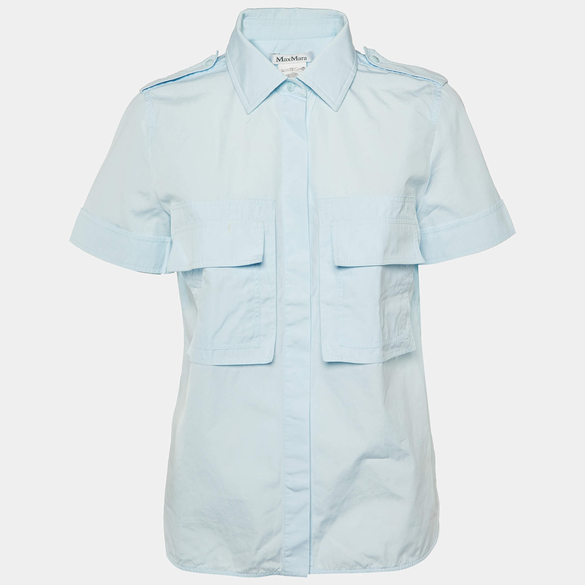 Max Mara Blue Cotton Short Sleeve Shirt M