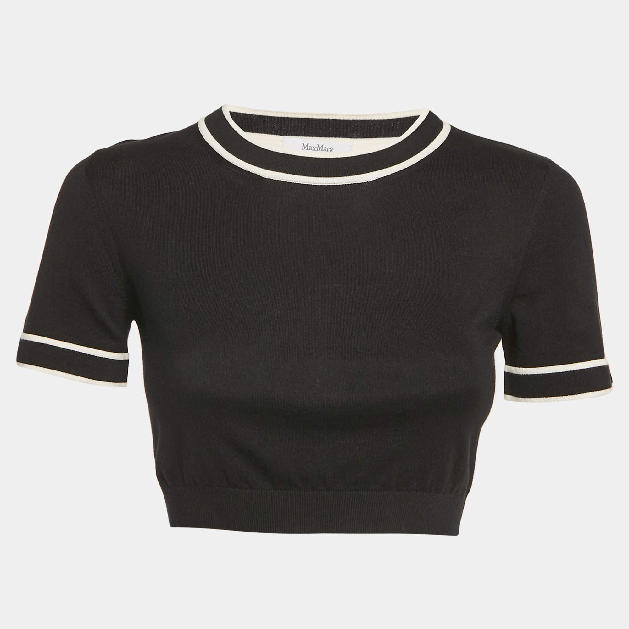 Pre Owned Max Mara Black/White Knit Round Neck Cropped Top M