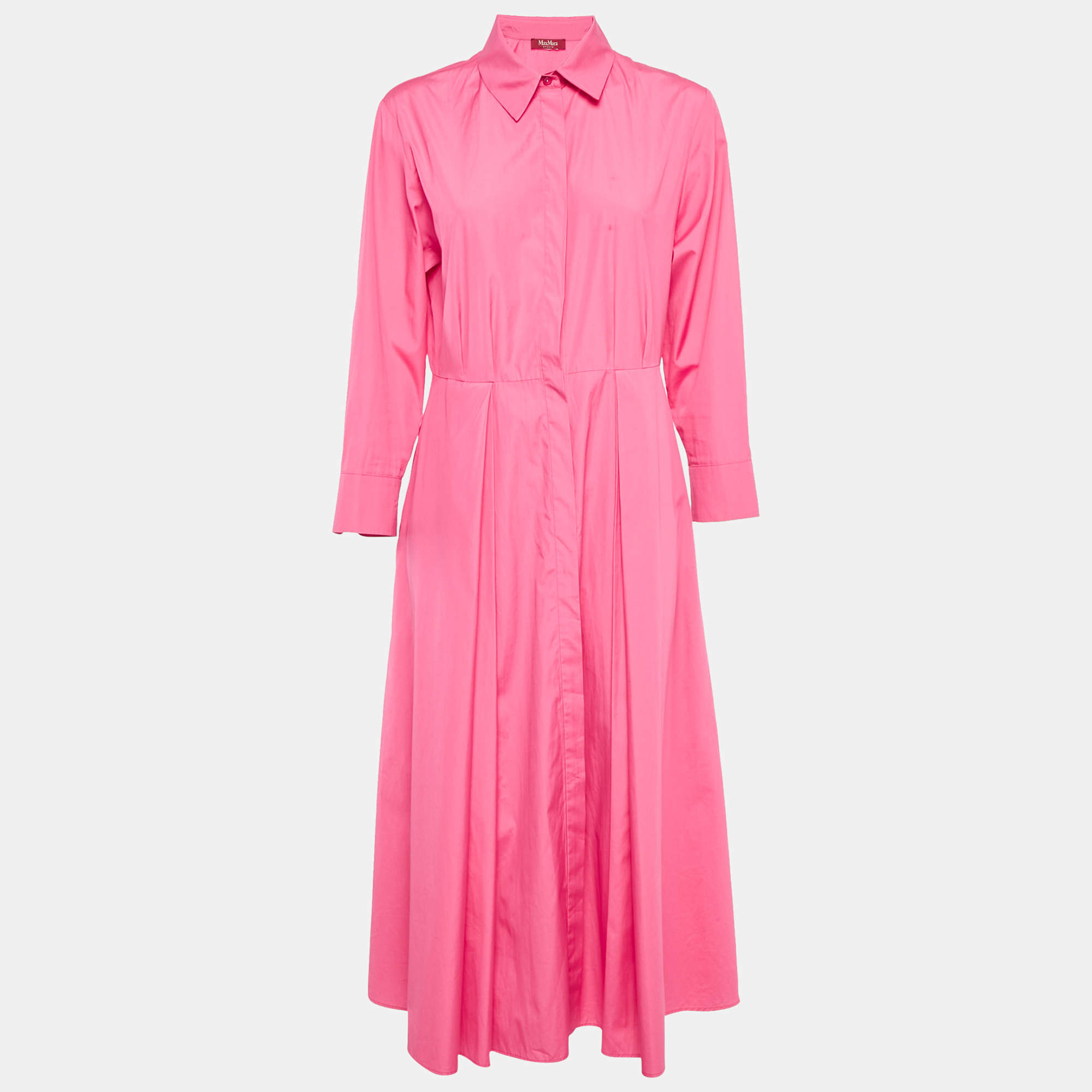 Pre Owned Max Mara Pink Cotton Pleated Midi Shirt Dress L