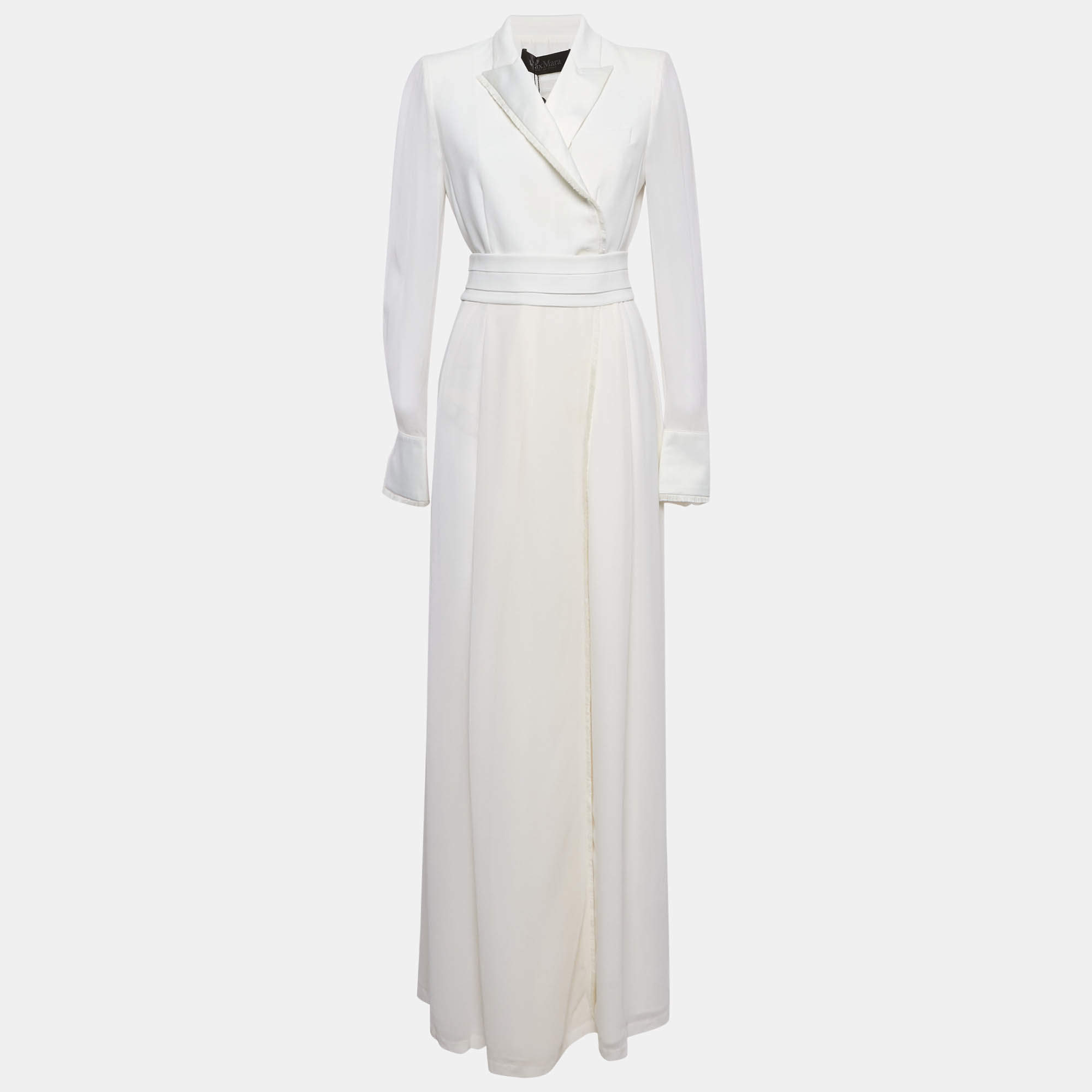 Pre Owned Max Mara White Satin and Silk Fringed Long Sleeve Maxi Dress M