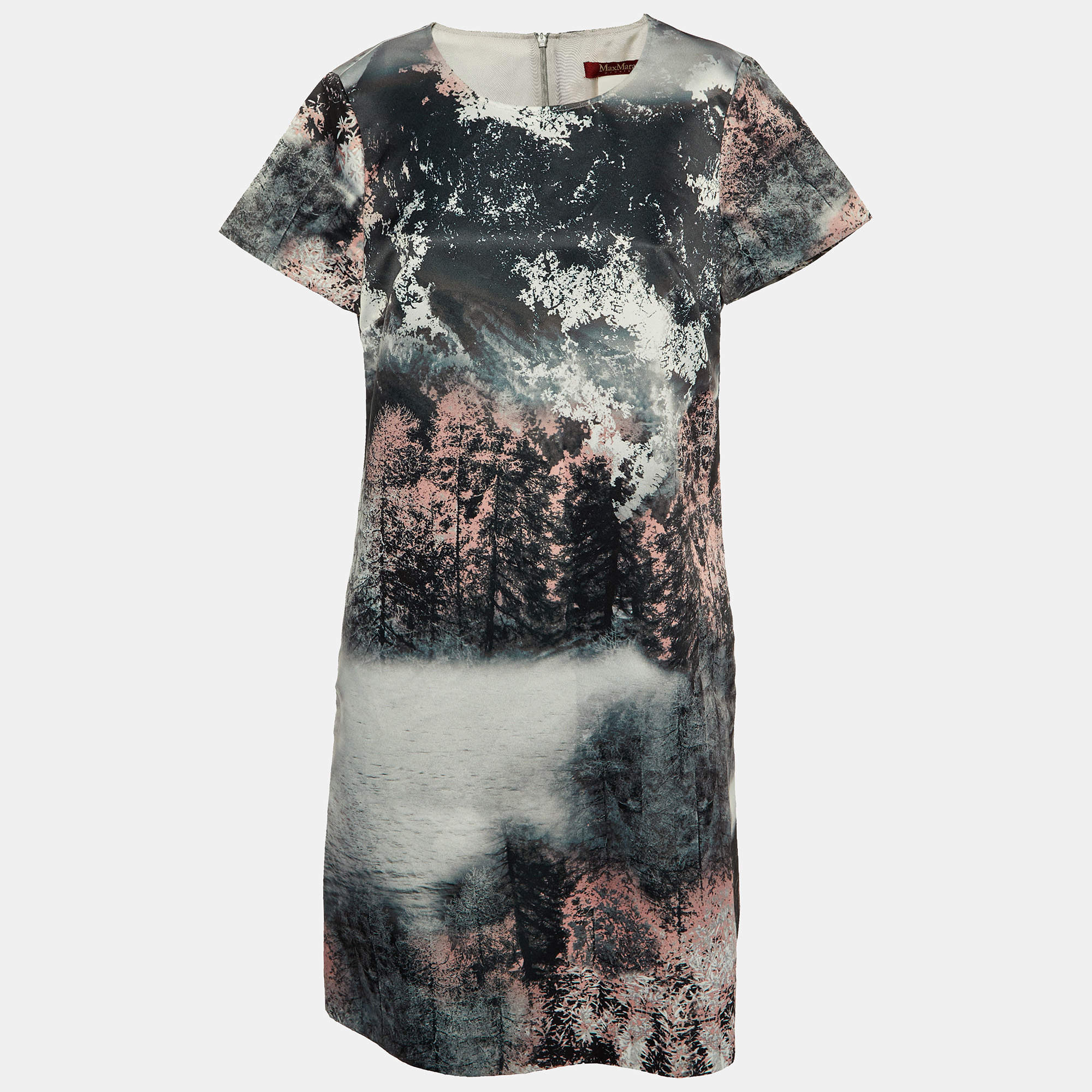 Max Mara Studio Grey Printed Satin Shift Dress M