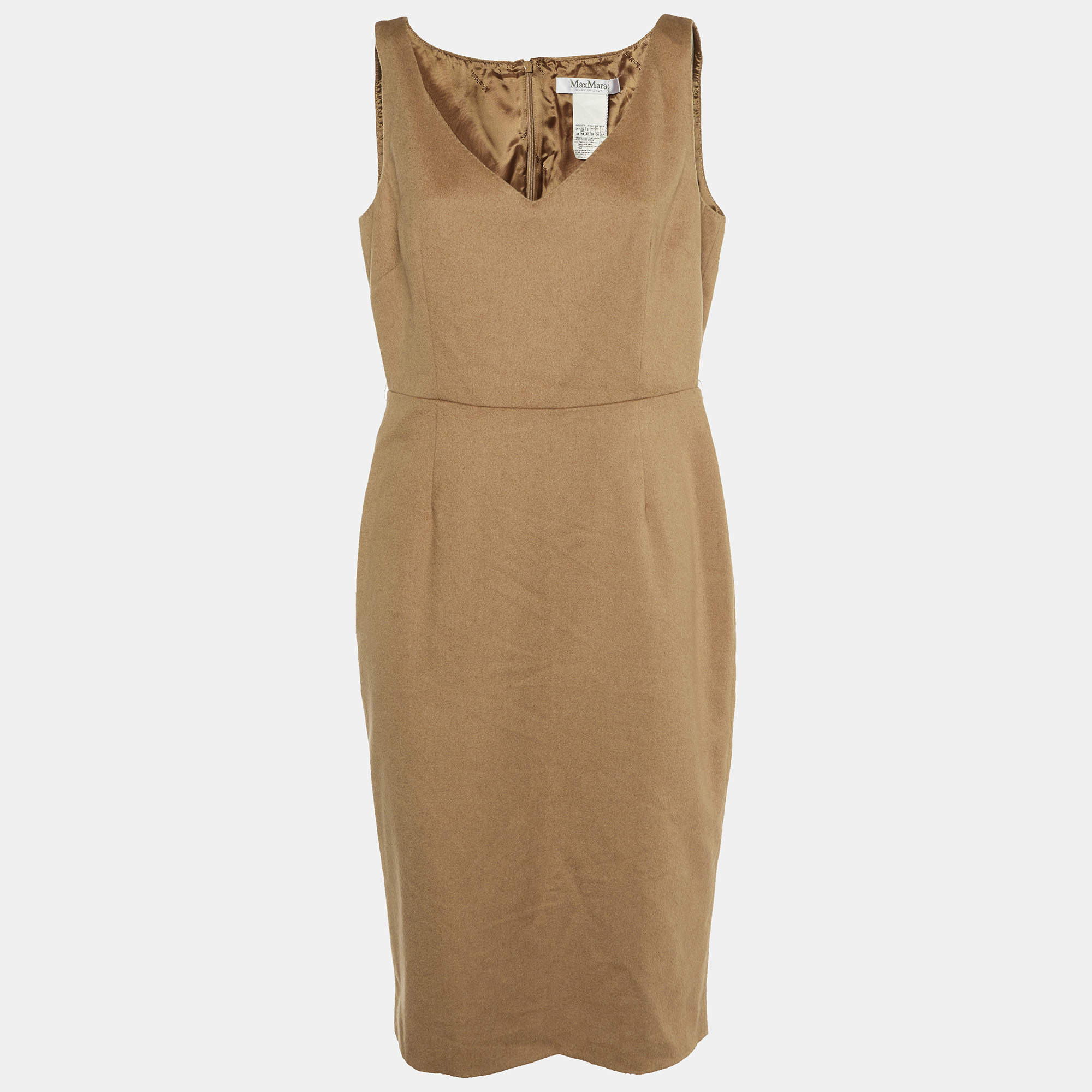 Pre Owned Max Mara Light Brown Camel Hair Sleeveless Sheath Dress L