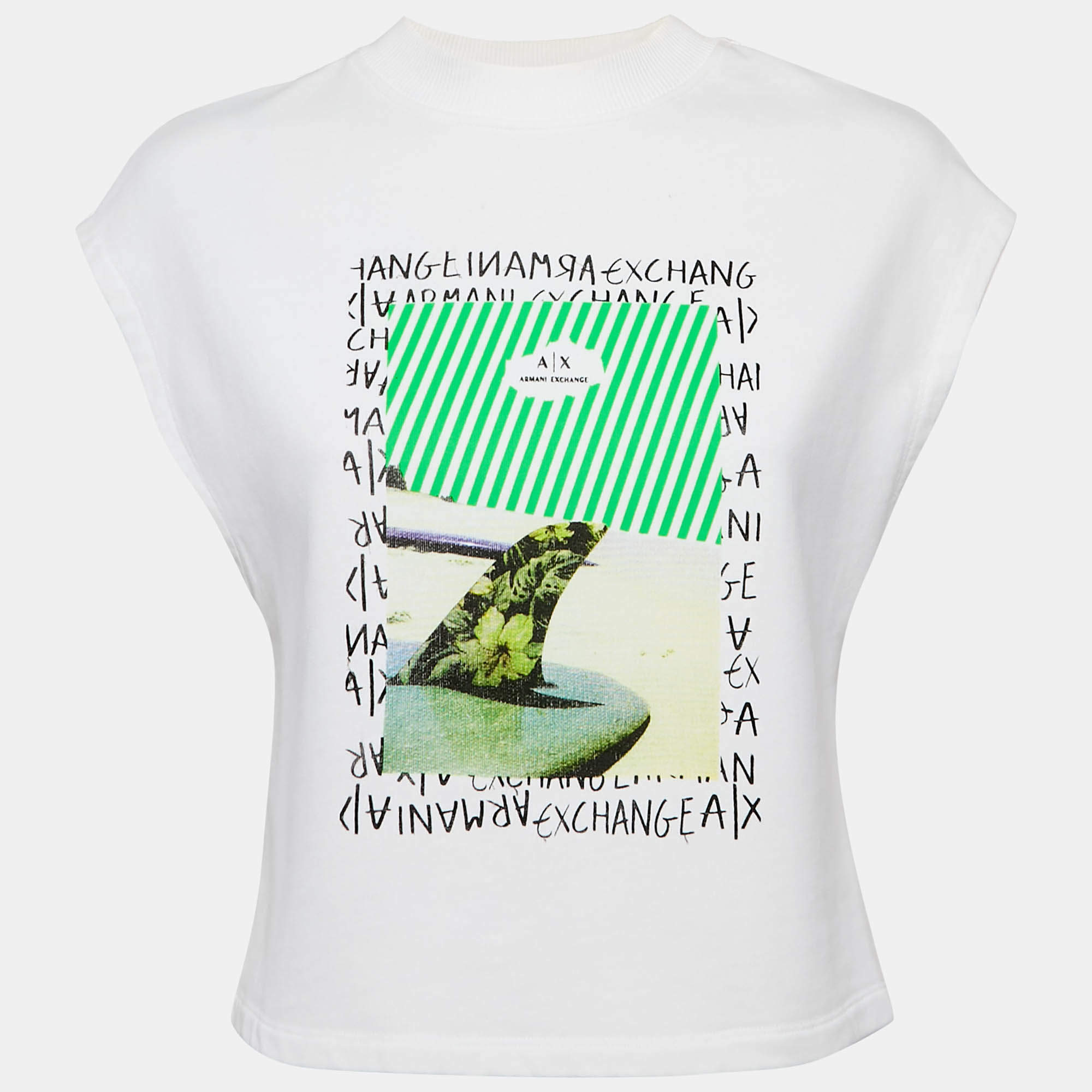 Pre Owned Max Mara White Printed Cotton Knit Crew Neck Crop Top XS