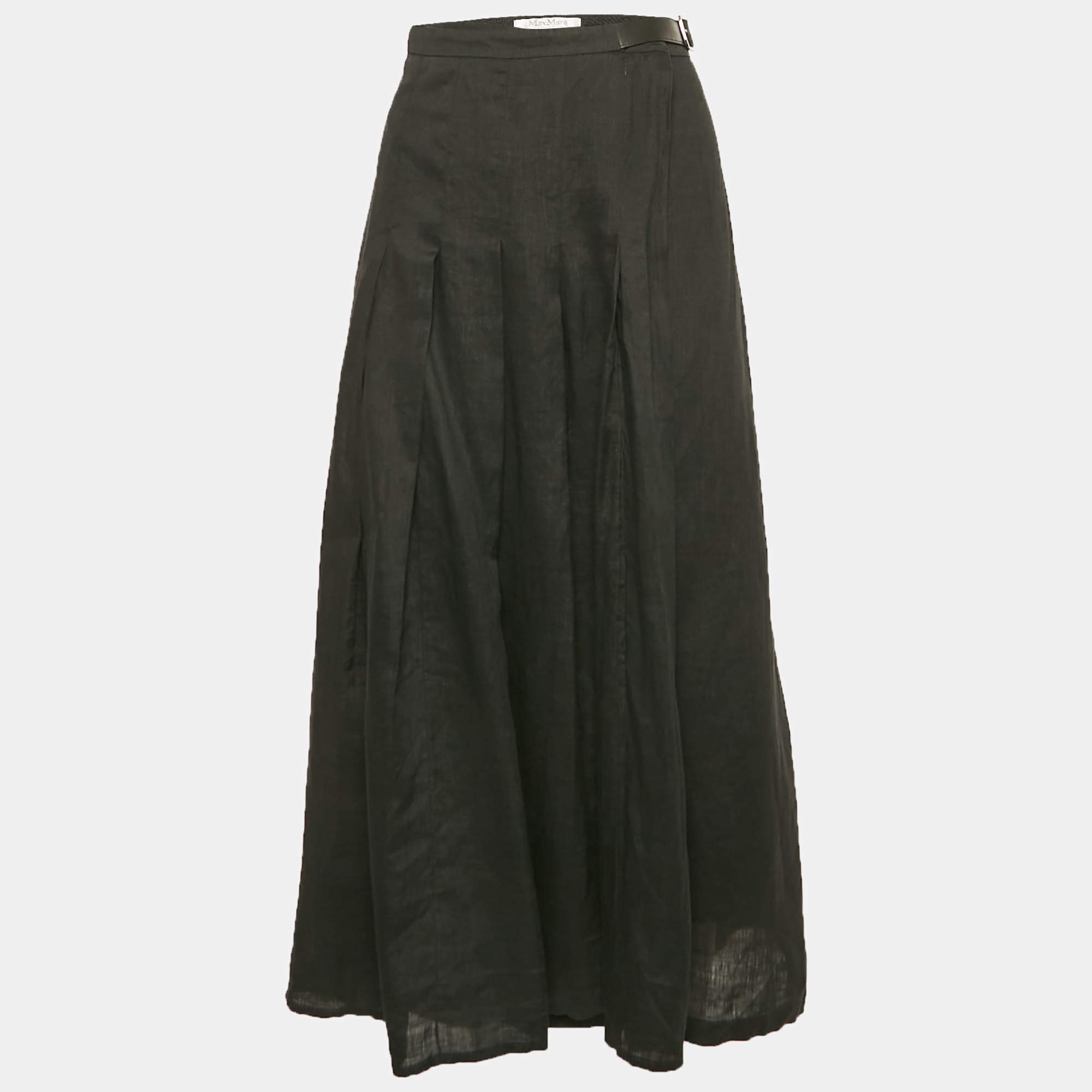 Max Mara Black Linen Pleated Maxi Wrap Skirt L