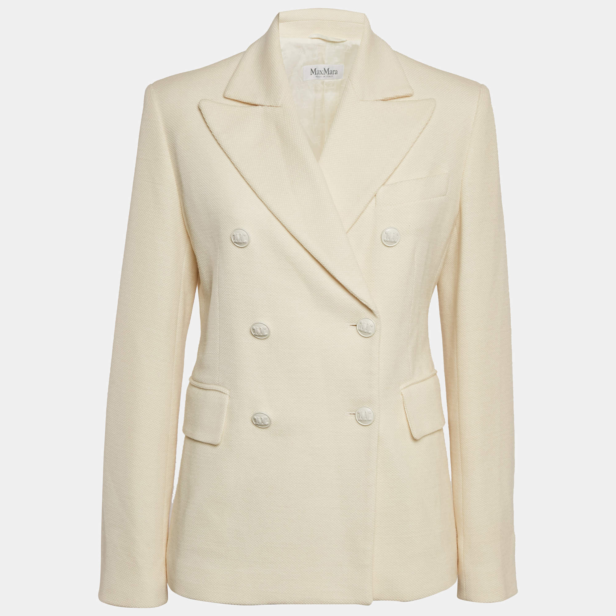 Max Mara Cream Textured Wool and Cotton Double Breasted Blazer L