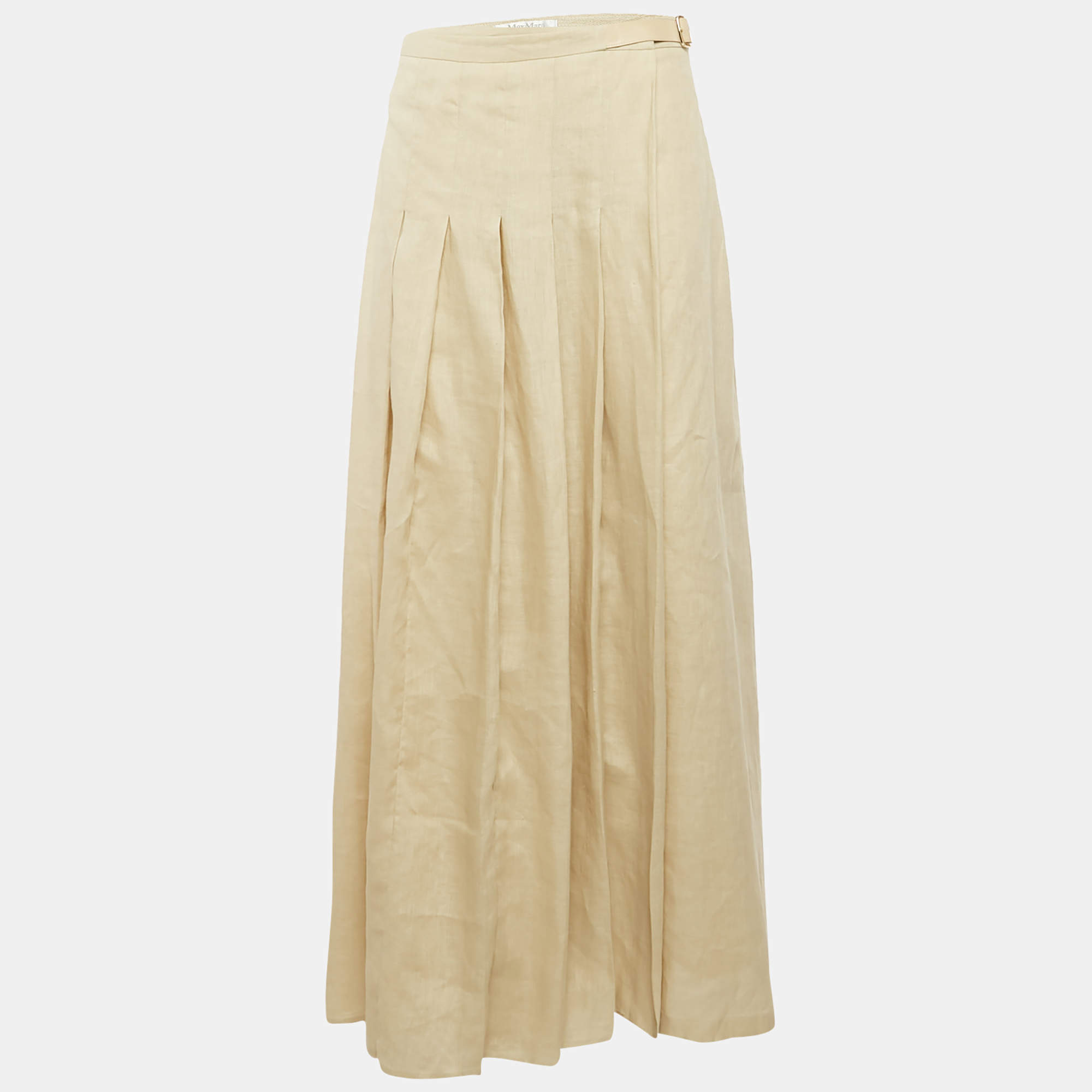 Max Mara Light Beige Linen Pleated Maxi Skirt M