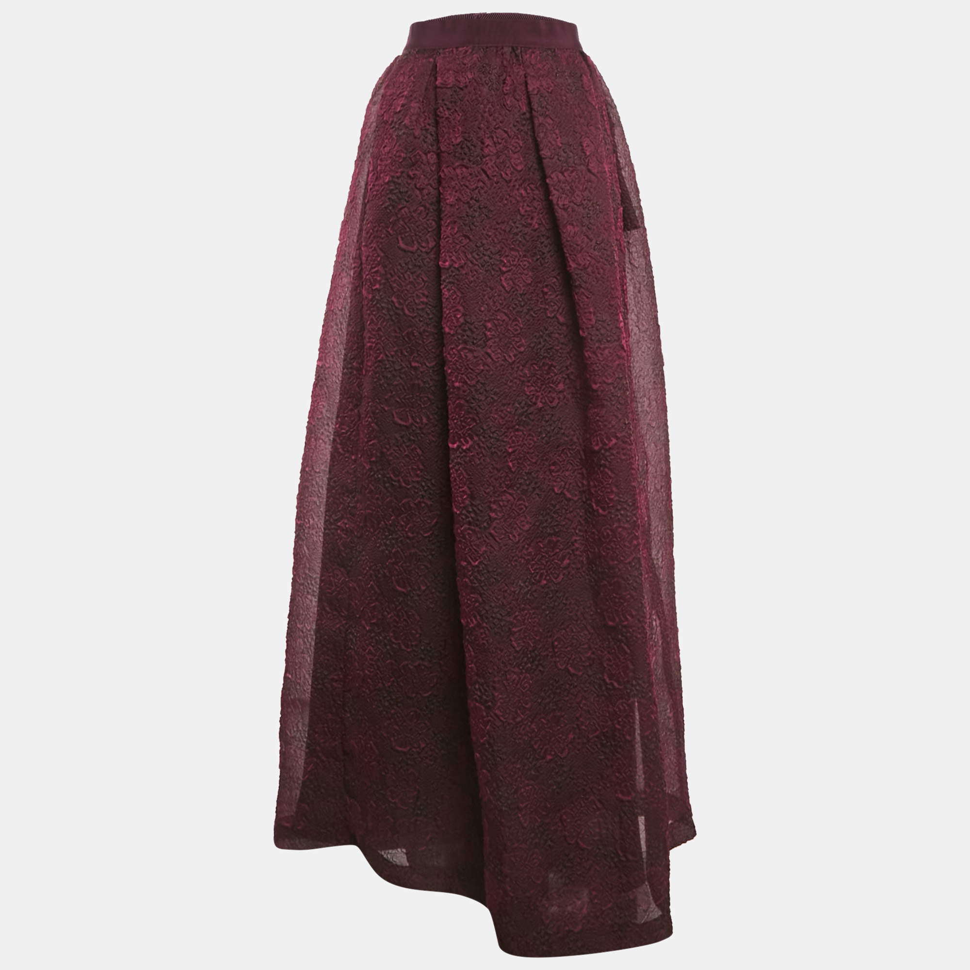 Max Mara Burgundy Floral Embossed Organza Silk Maxi Skirt M