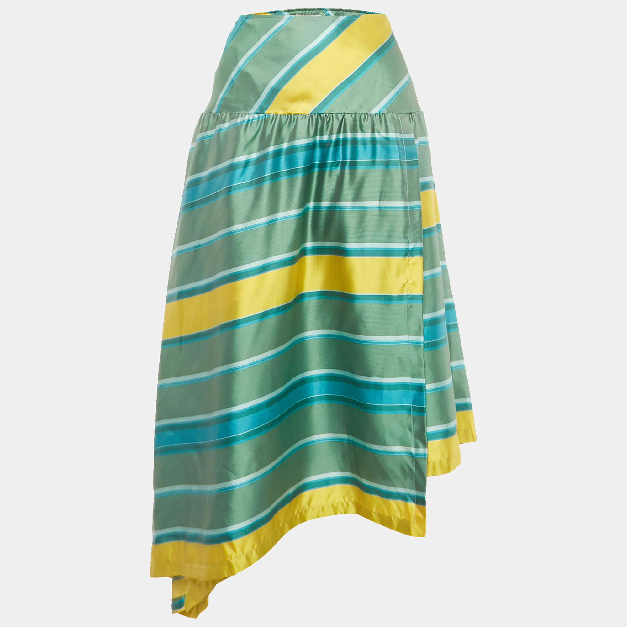 Pre Owned Max Mara Green/Yellow Striped Silk Midi Skirt M