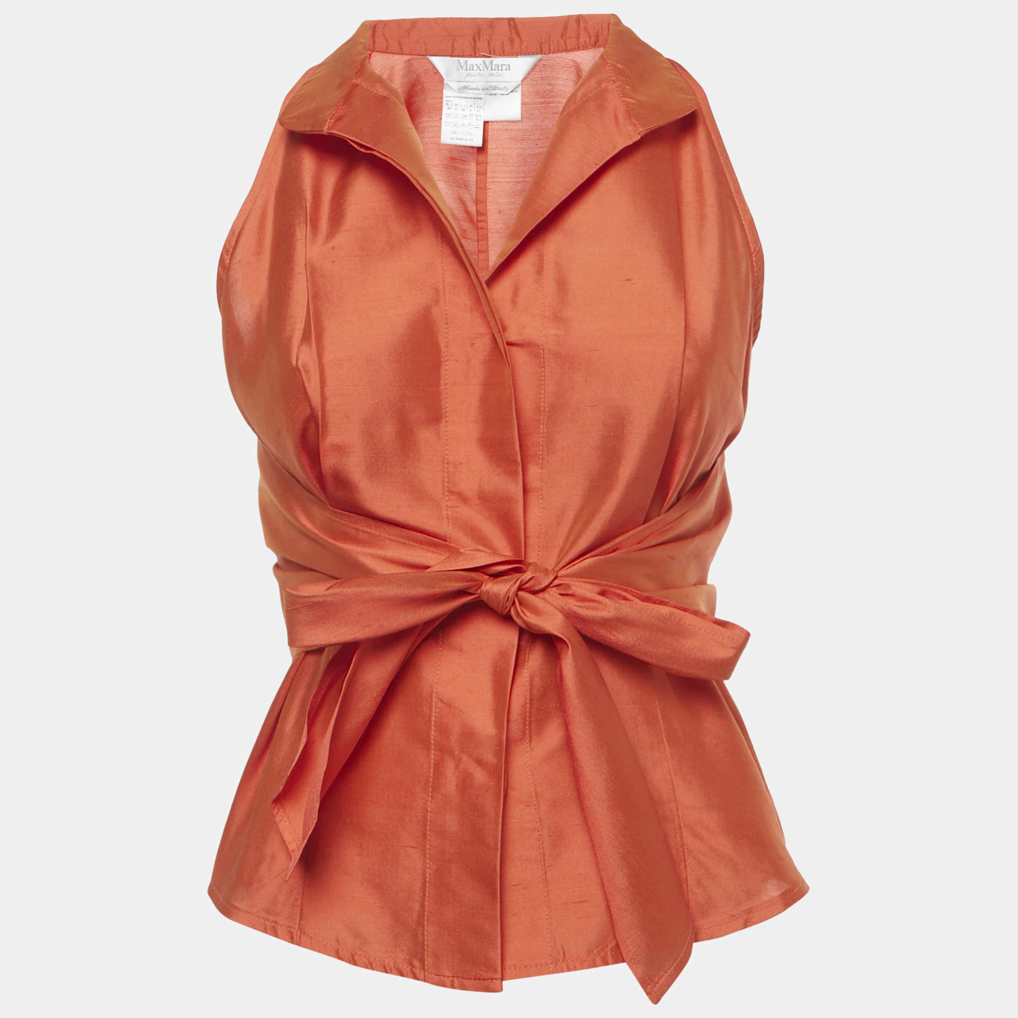 Pre Owned Max Mara Orange Taffeta Silk Wrap Around Top S