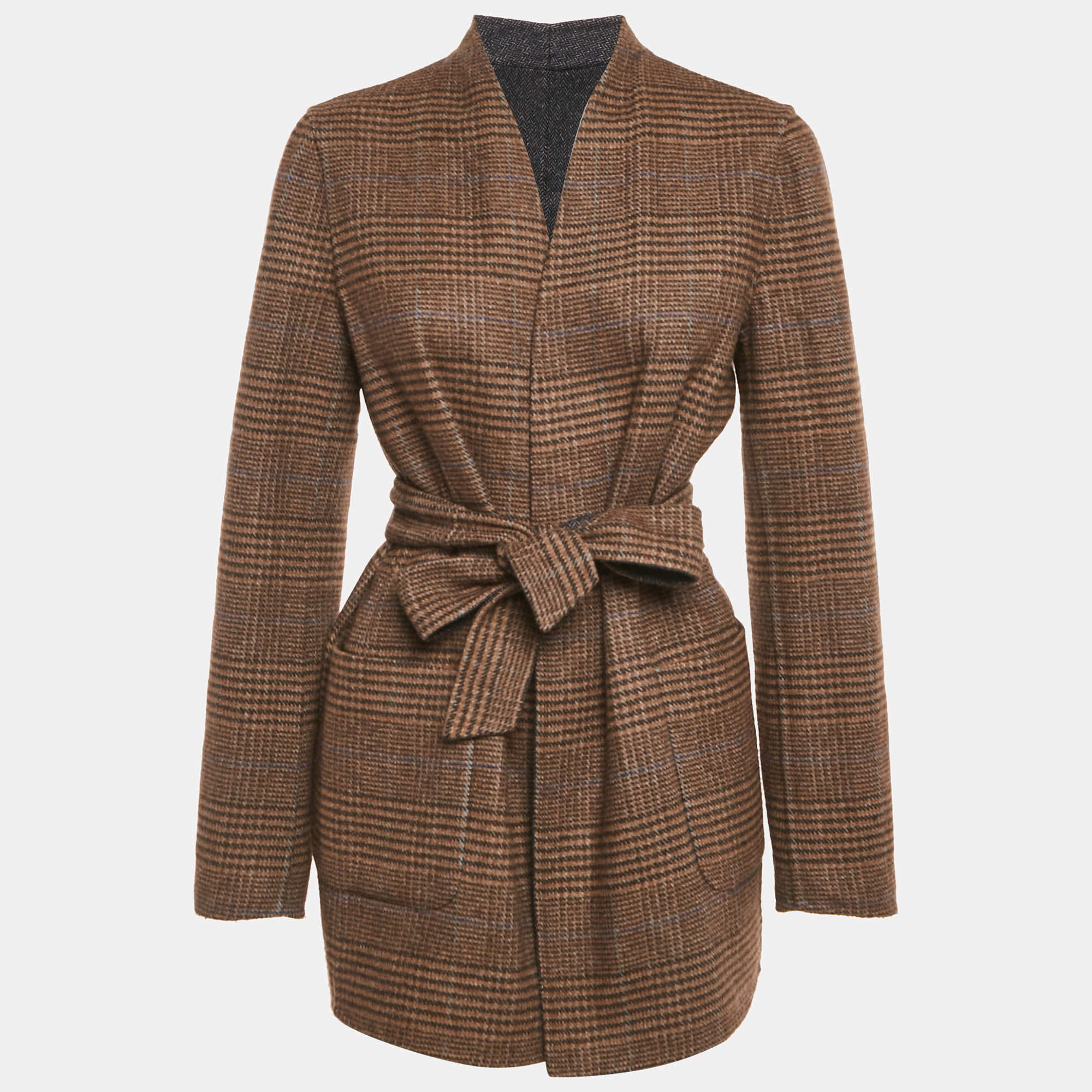 Pre Owned Max Mara Navy Blue & Brown Patterned Intarsia Wool Reversible Belt Coat M