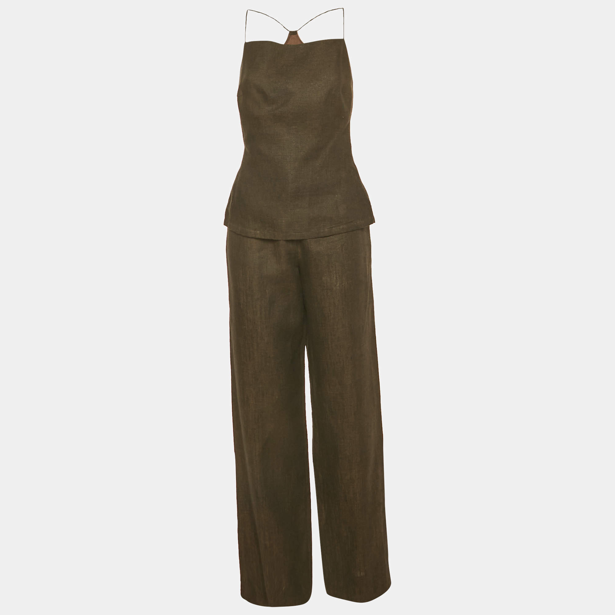 Pre Owned Max Mara Brown Linen Strappy Top And Pant Set M