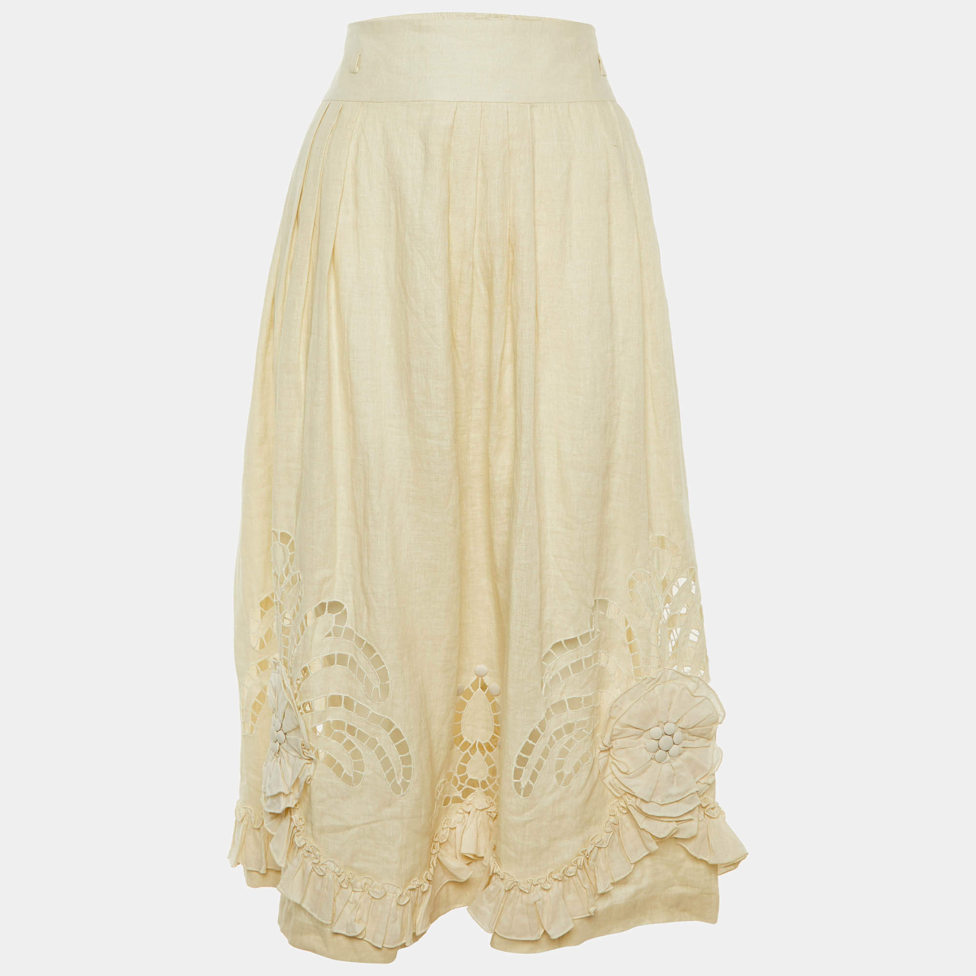 Pre Owned Max Mara Cream Linen Cut-work Detail Midi Skirt L