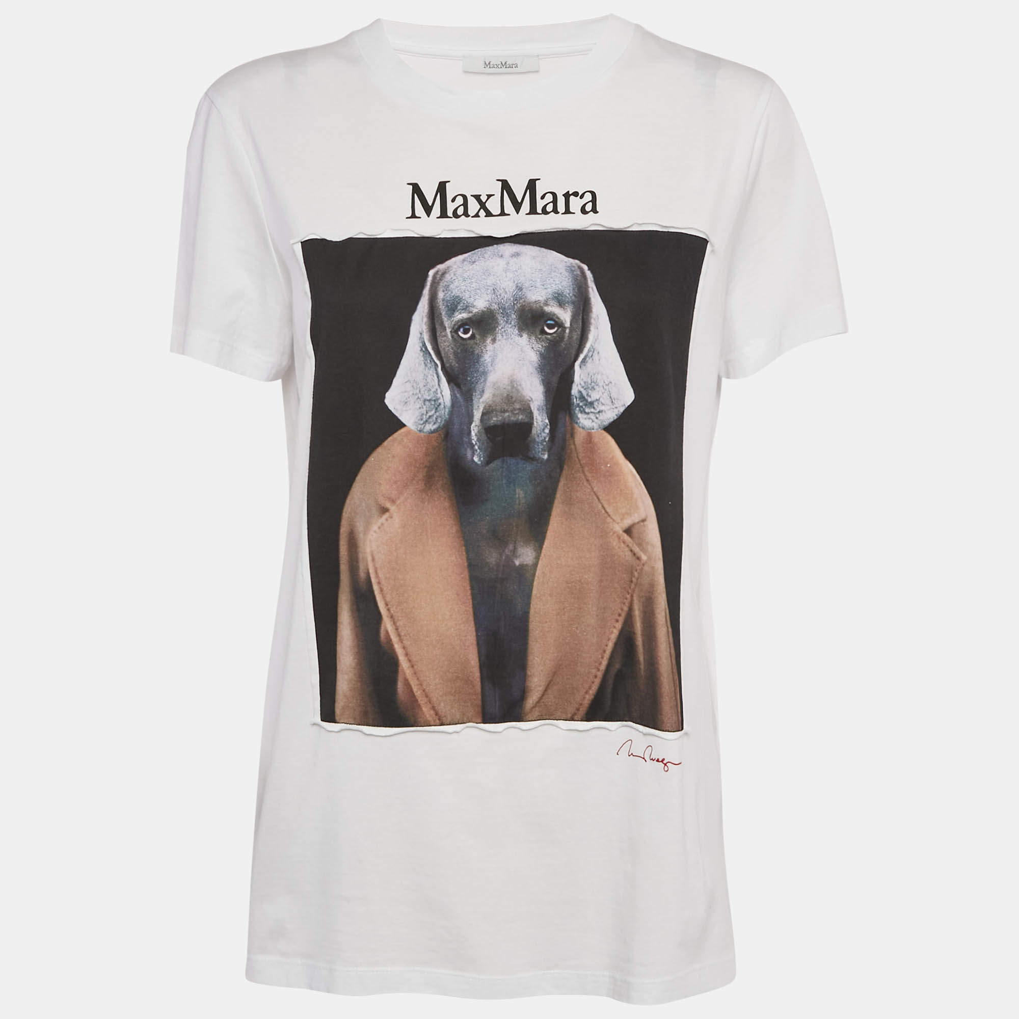Pre Owned Max Mara White Dog Print Cotton Crew Neck Cipria T-Shirt L