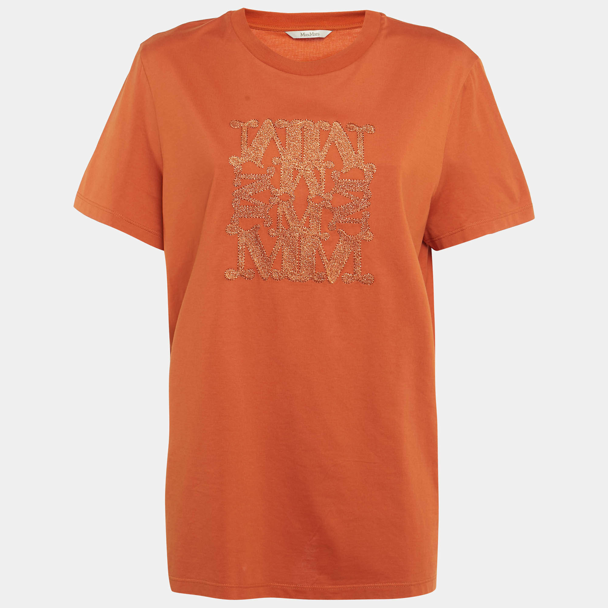 Pre Owned Max Mara Orange Lurex Logo Embroidery Cotton Crew Neck T-Shirt L