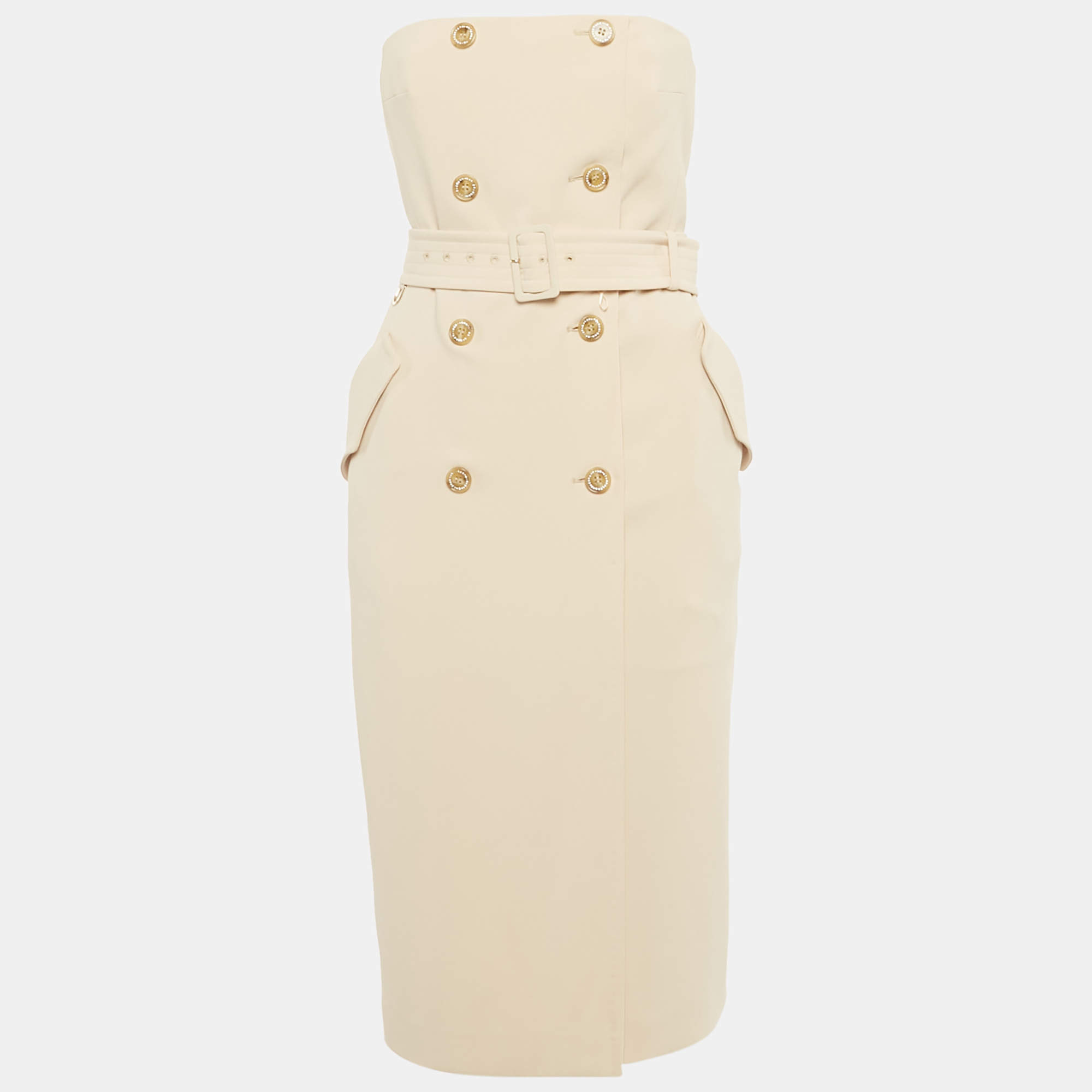 Pre Owned Max Mara Beige Crepe Strapless Double Breasted Midi Dress S