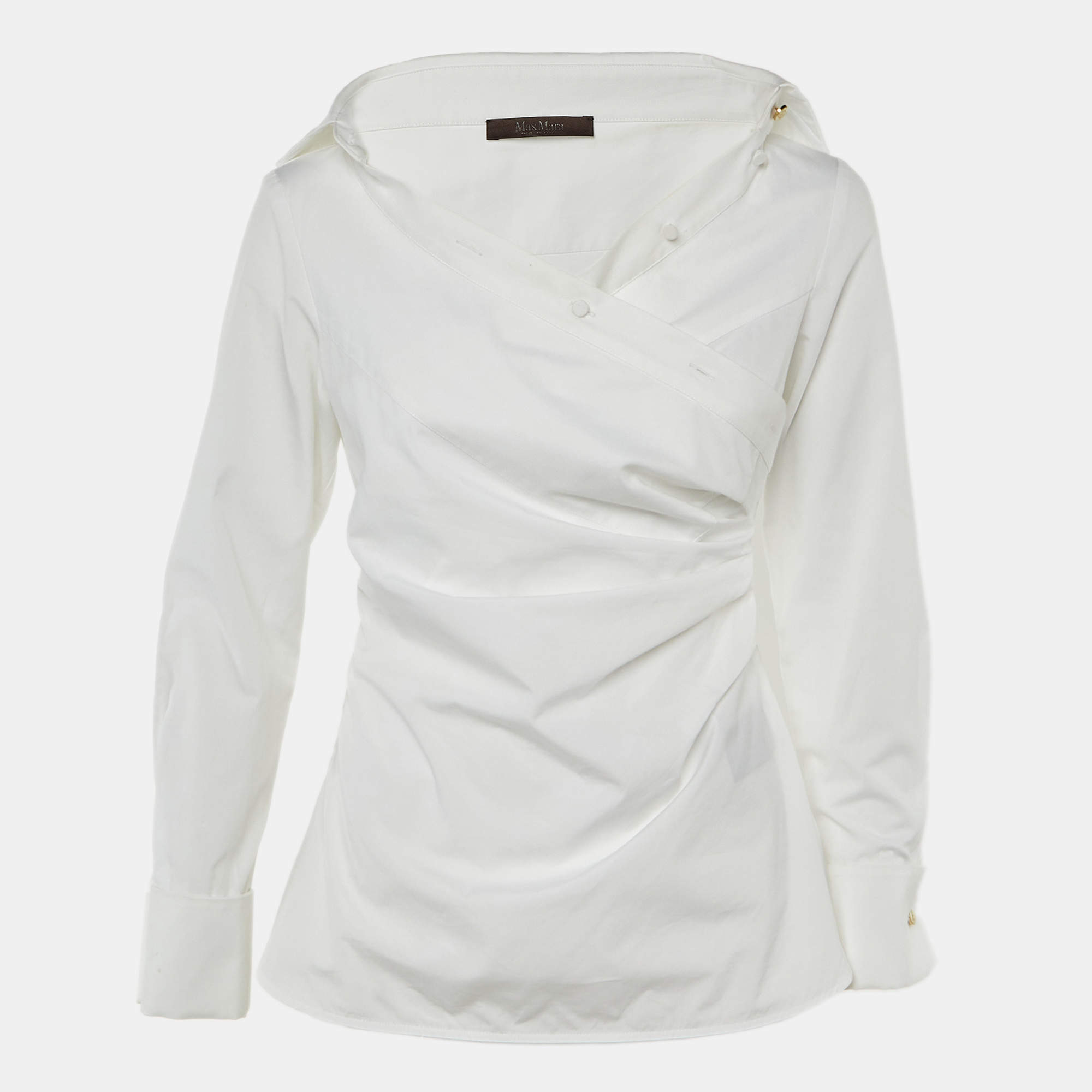Pre Owned Max Mara White Cotton Ruched Asymmetric Top S