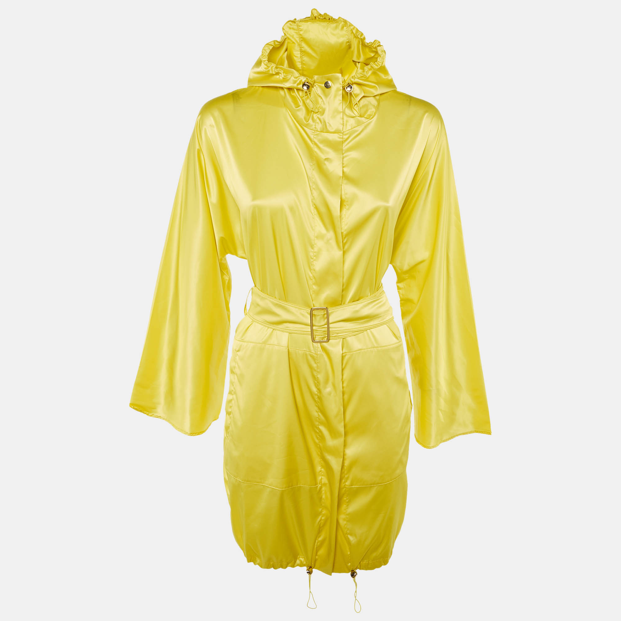 Pre Owned Max Mara City Yellow Stretch Satin Hooded Belted Coat S