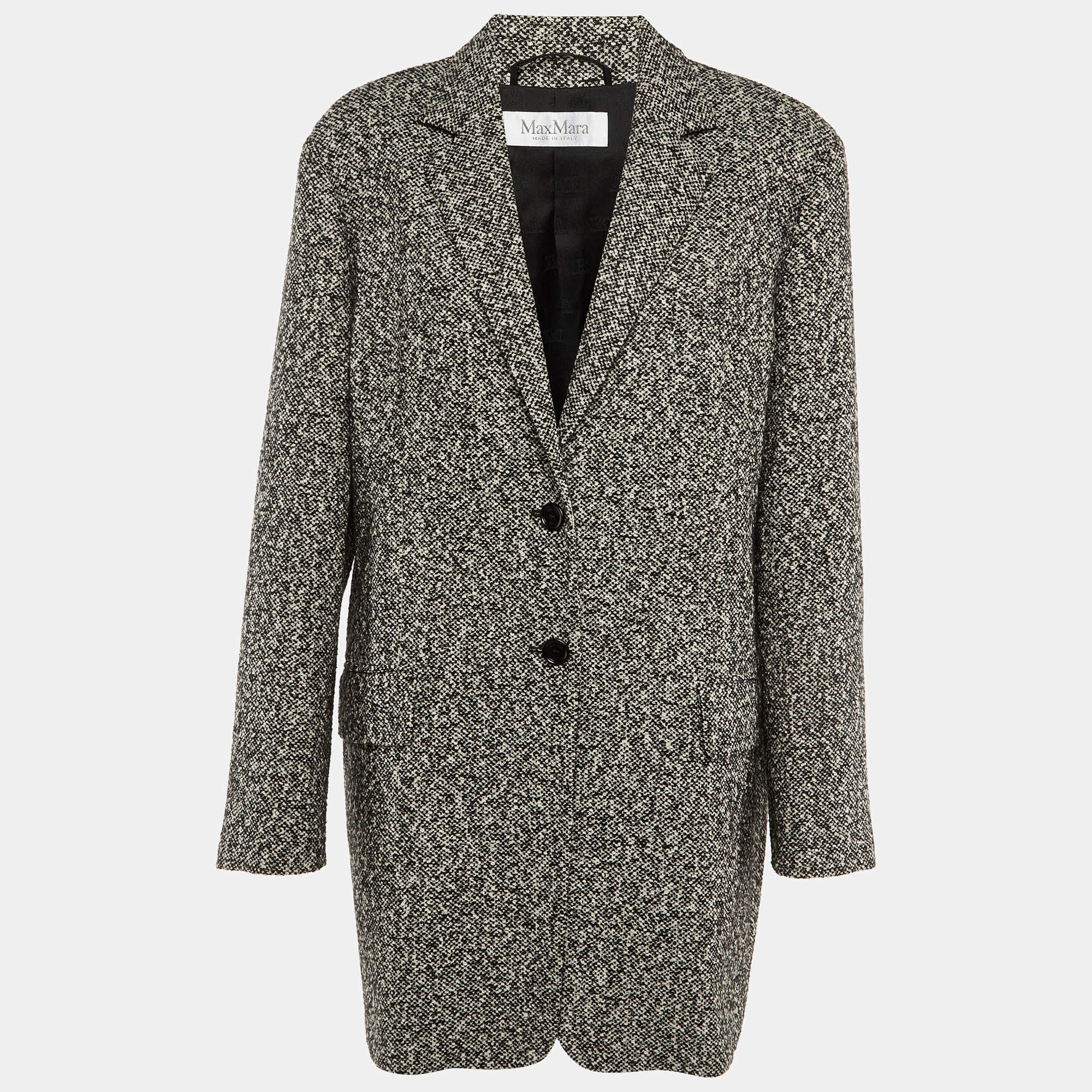 Pre Owned Max Mara Black /White Wool Tweed Oversized Ovale Blazer Jacket XL 