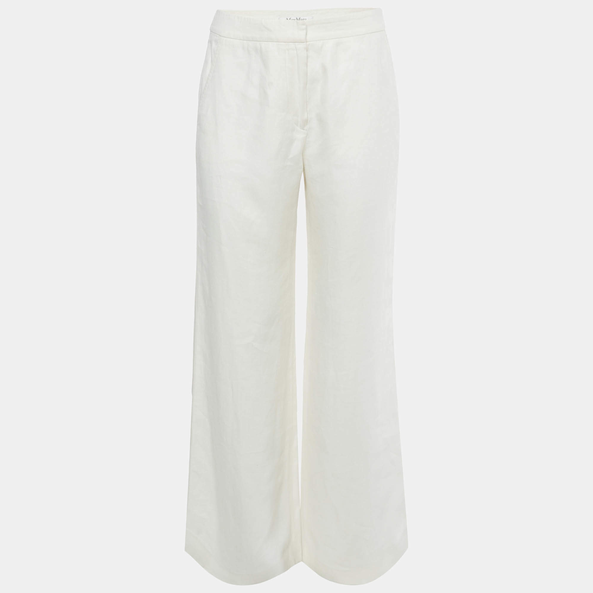 Pre Owned Max Mara White Linen Wide Leg Trousers M