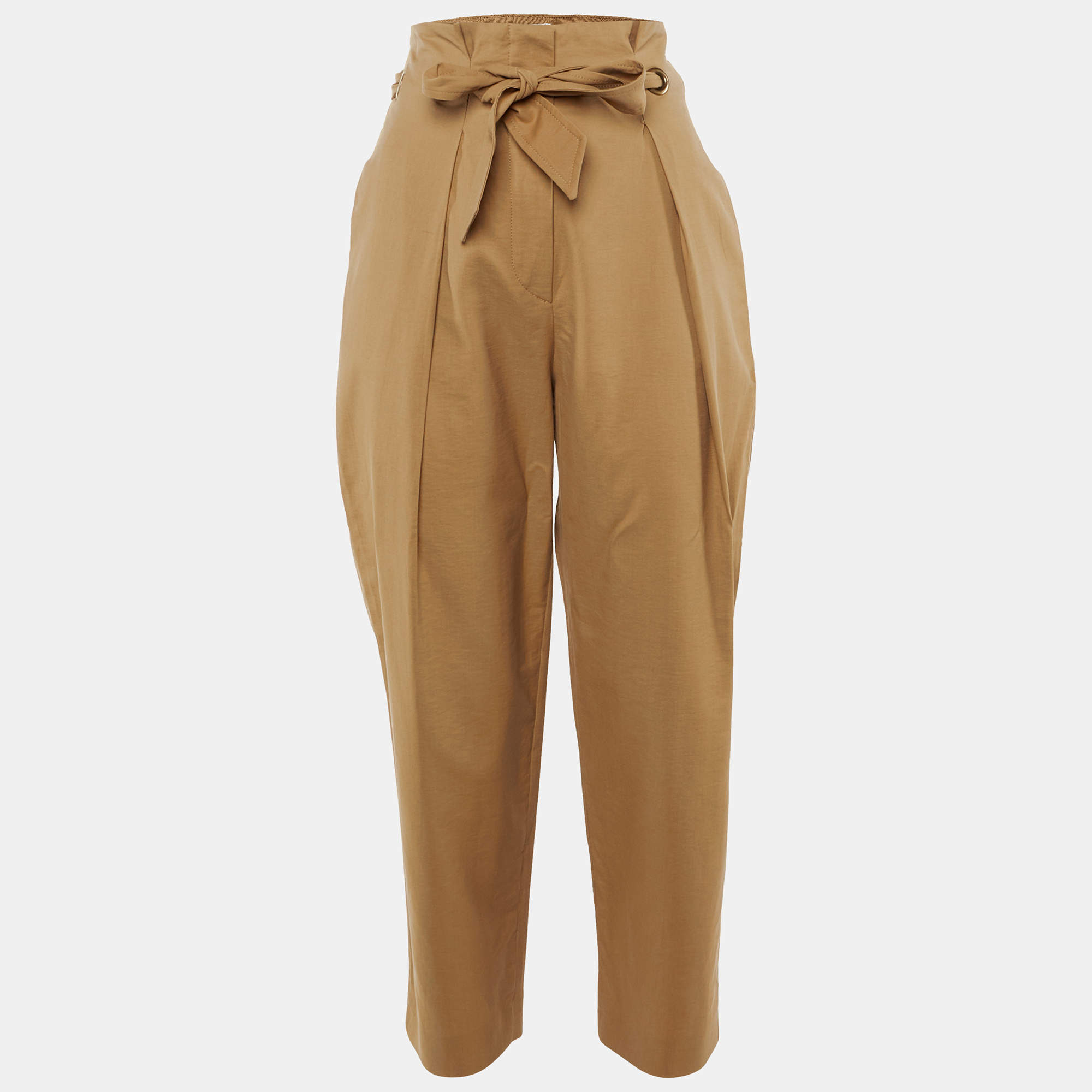 Pre Owned Max Mara Khaki Cotton Paper Bag Waist Trousers M
