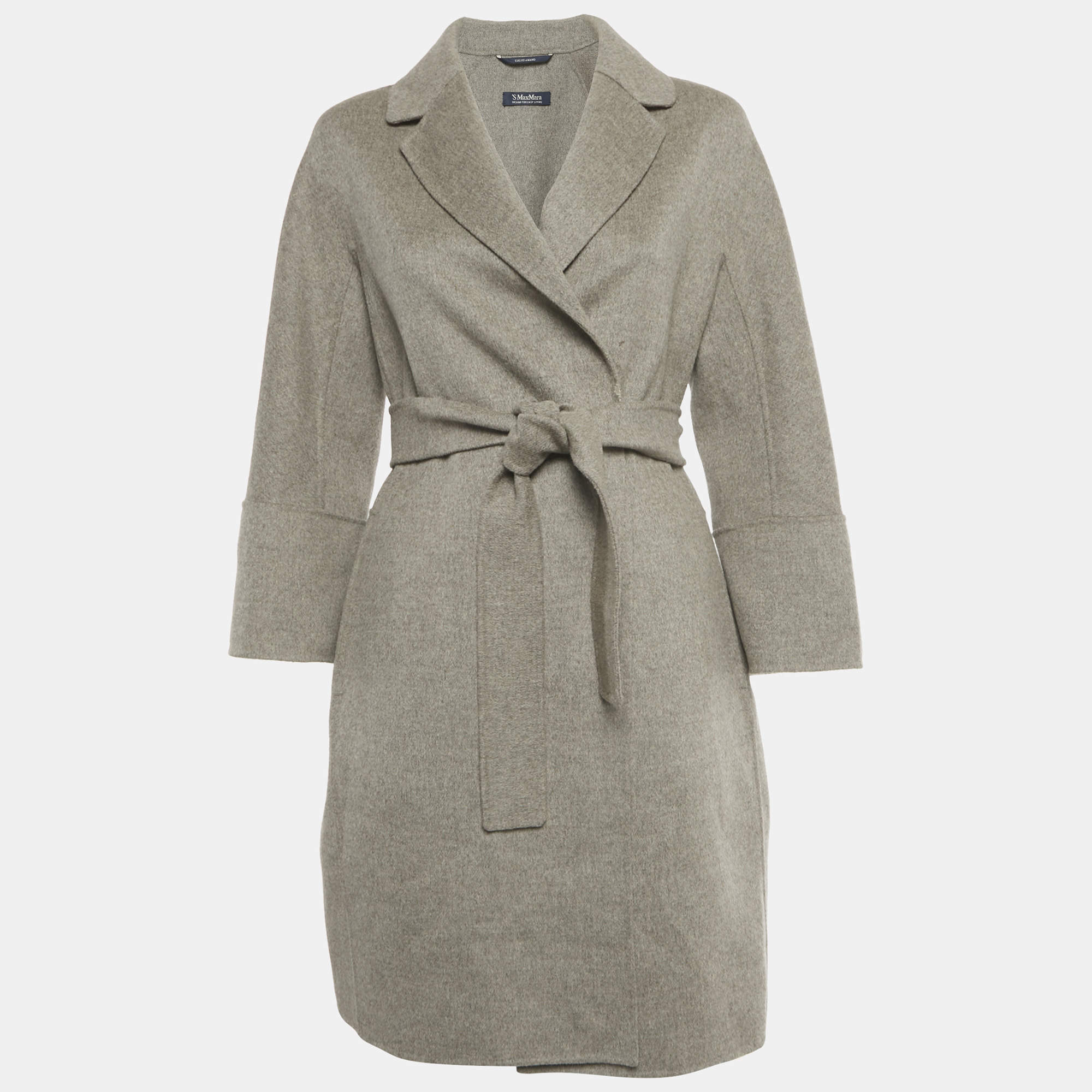Pre Owned Max Mara Grey Wool Open Front Belted Coat M
