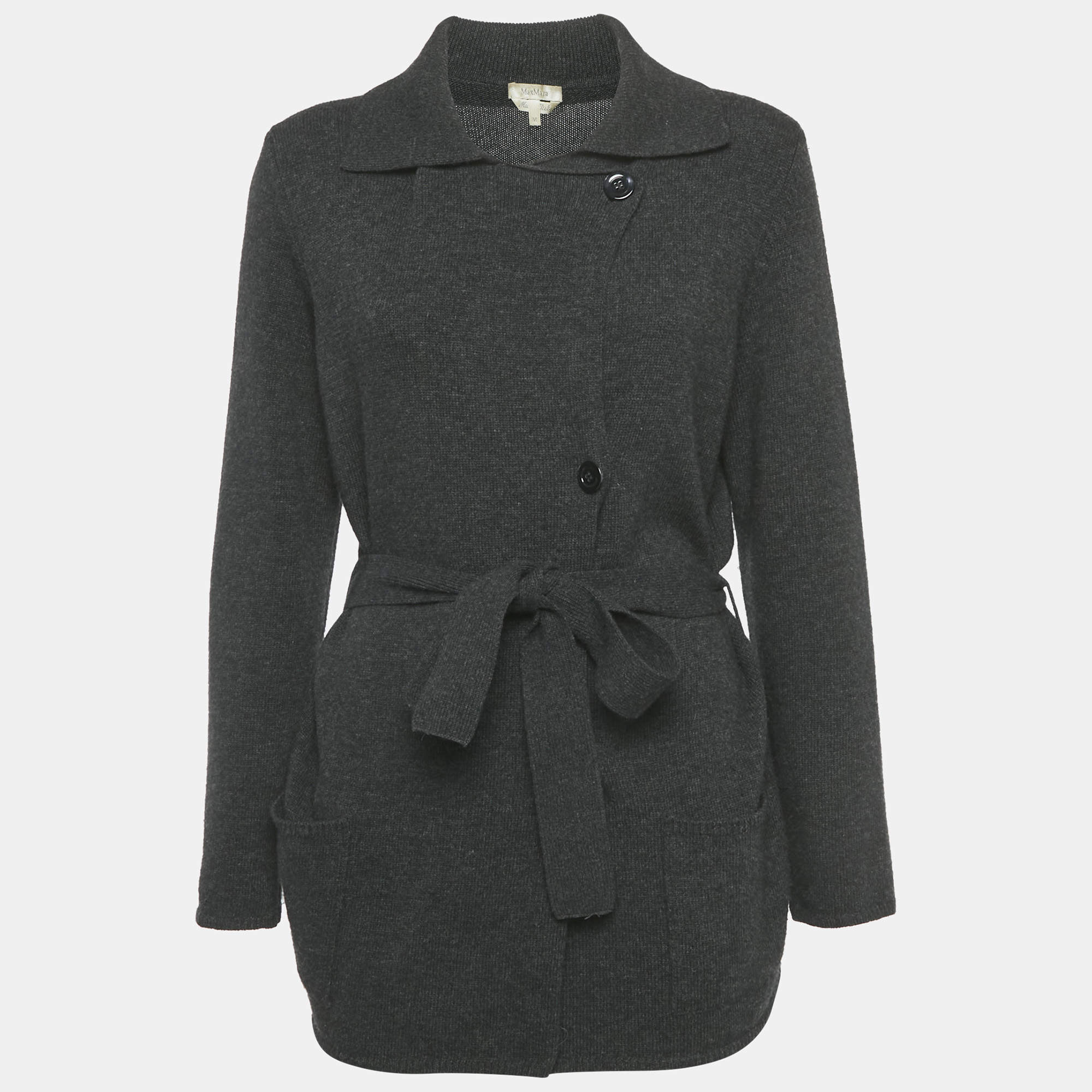 Pre Owned Max Mara Black Wool Belted Cardigan M