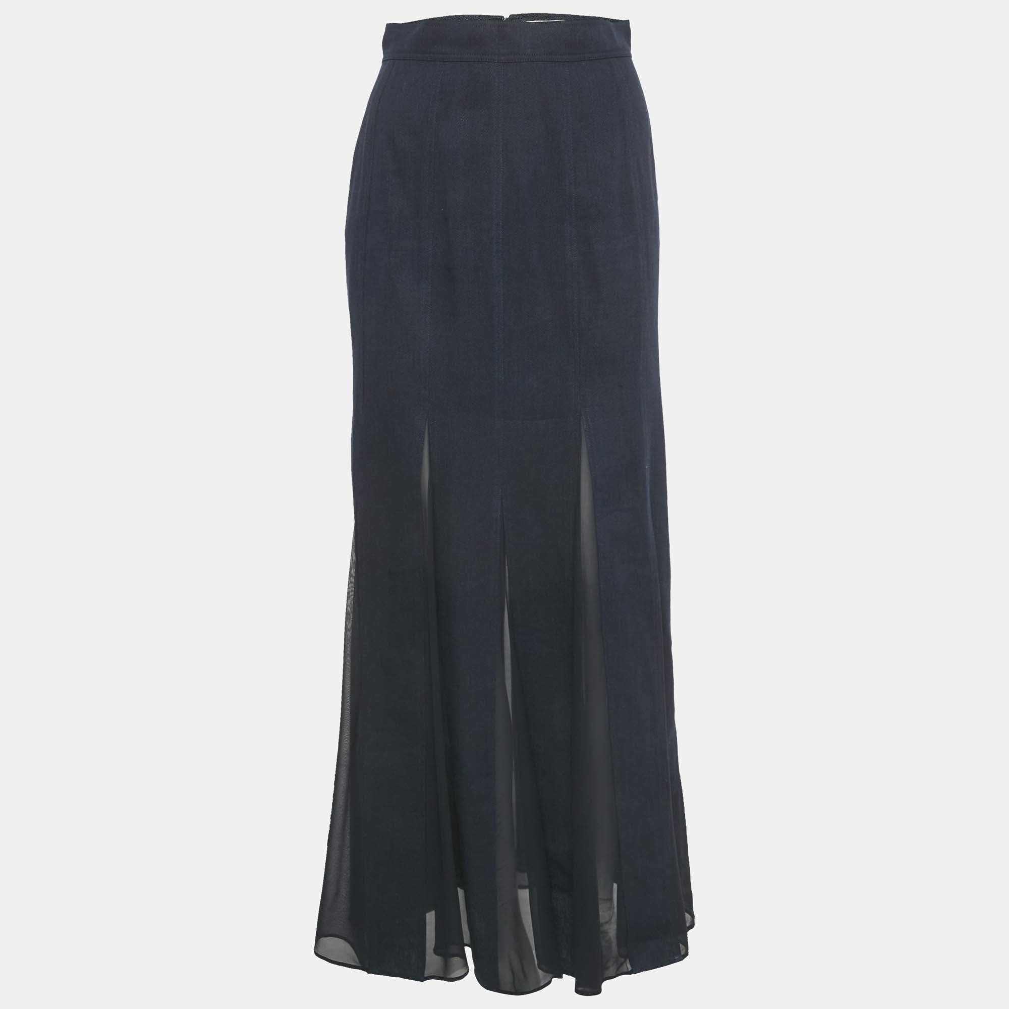 Pre Owned Max Mara Blue Denim & Silk Nicia Pleated Maxi Skirt S