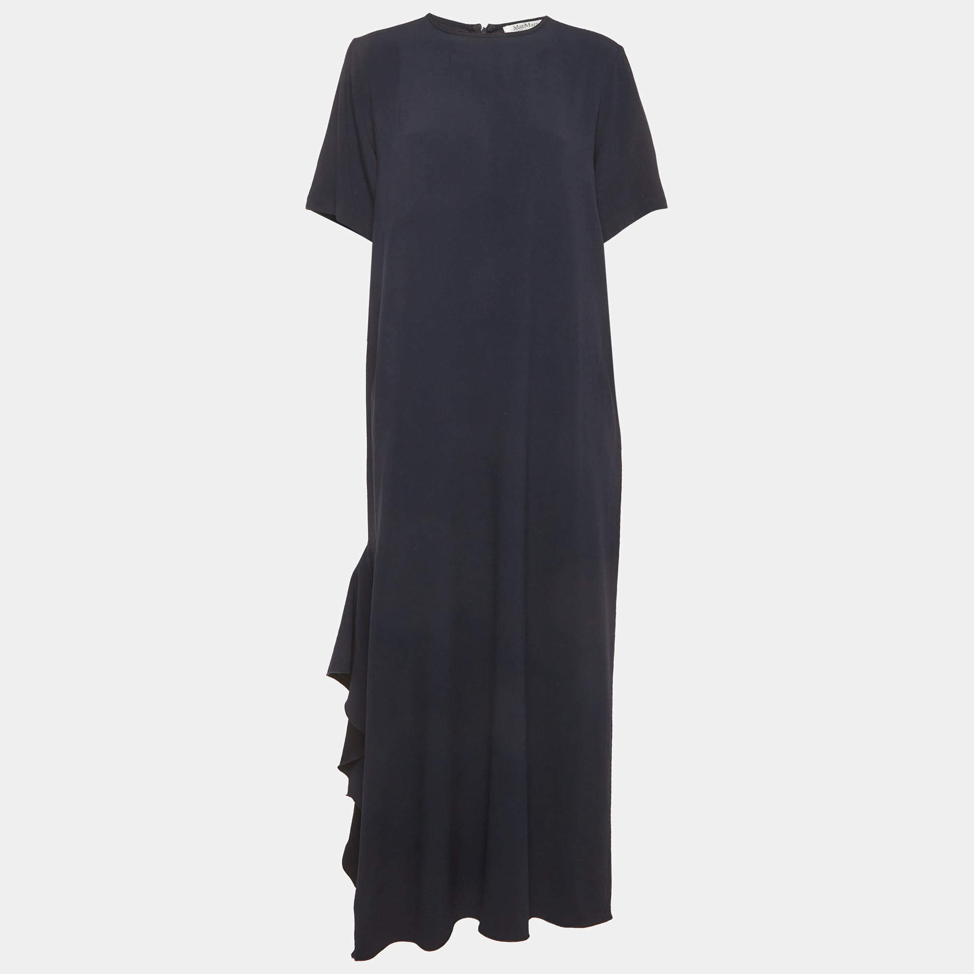 Pre Owned Max Mara Navy Blue Crepe Asymmetric Maxi Dress M