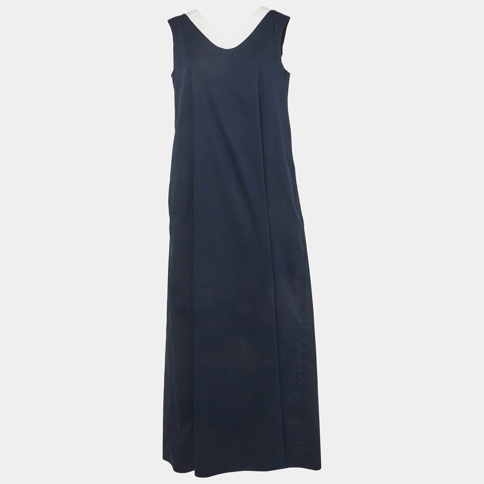 Pre Owned 'S Max Mara Navy Blue/White Cotton Sleeveless Maxi Dress L