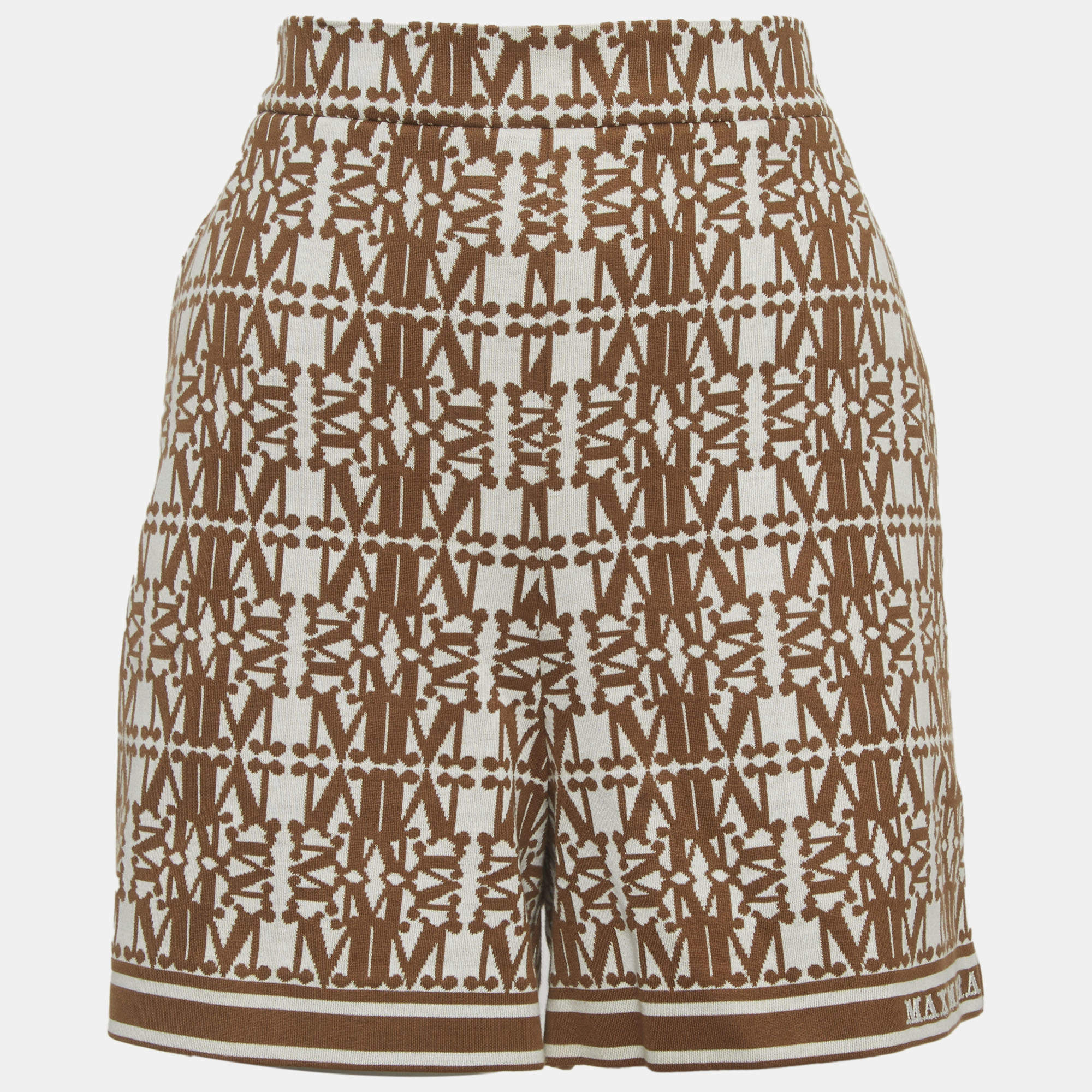 Pre Owned بنطلون ماكس مارا بني مونوجرام محبوك مرن مقاس كبير (لارج)