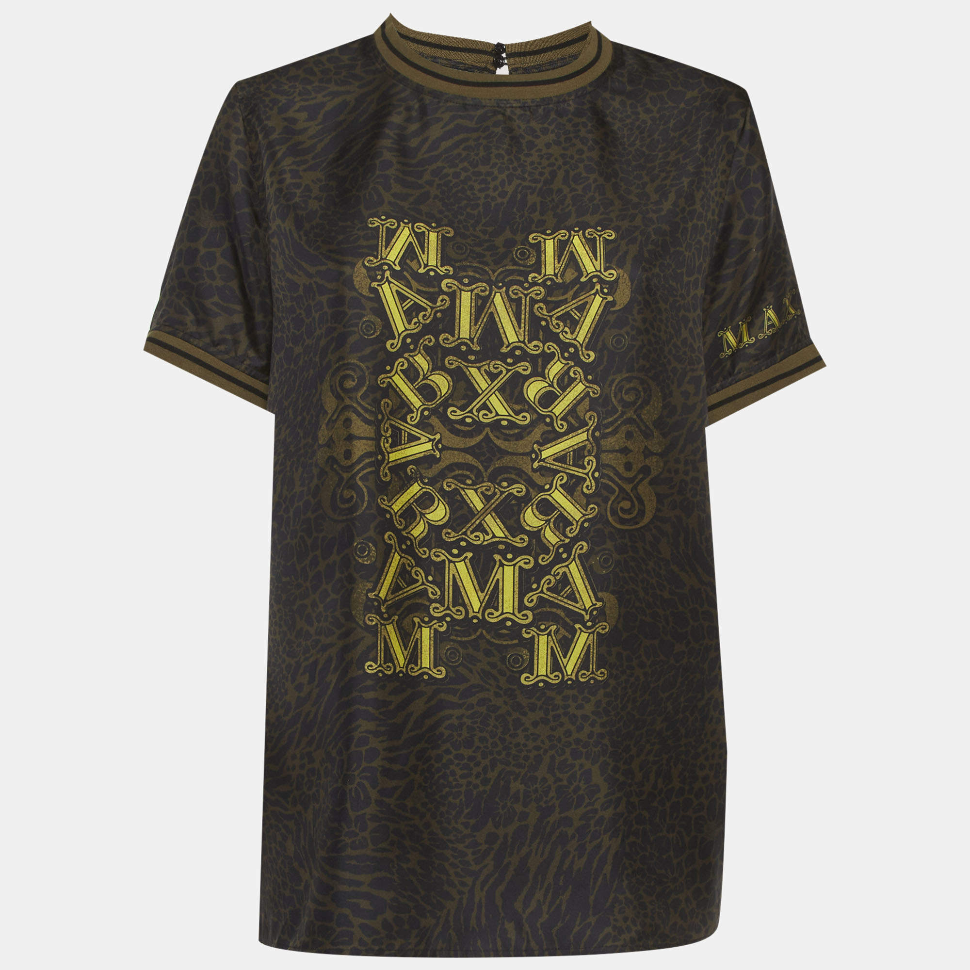 مملوكة مسبقًا توب ماكس مارا بطبعة فهد من الحرير أسود/أخضر مقاس كبير