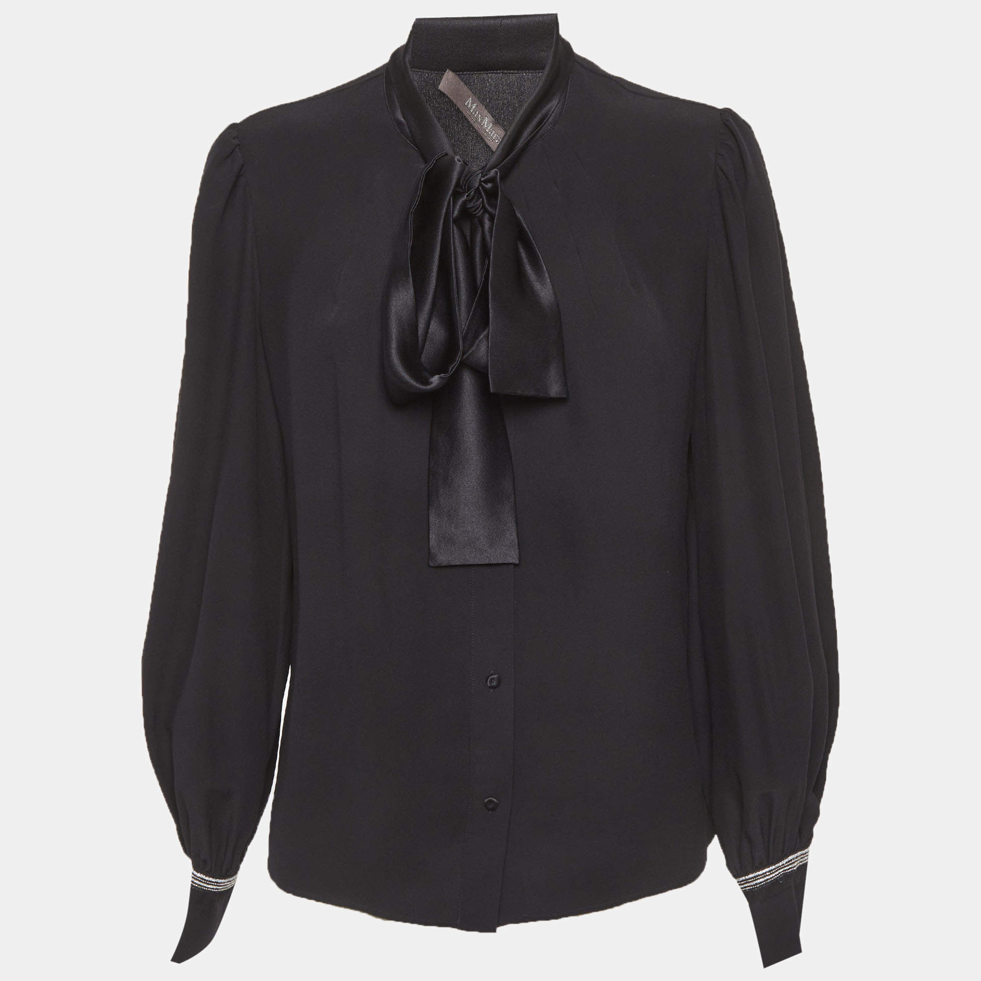 Pre Owned Max Mara Black Sateen Neck-Tie Shirt M
