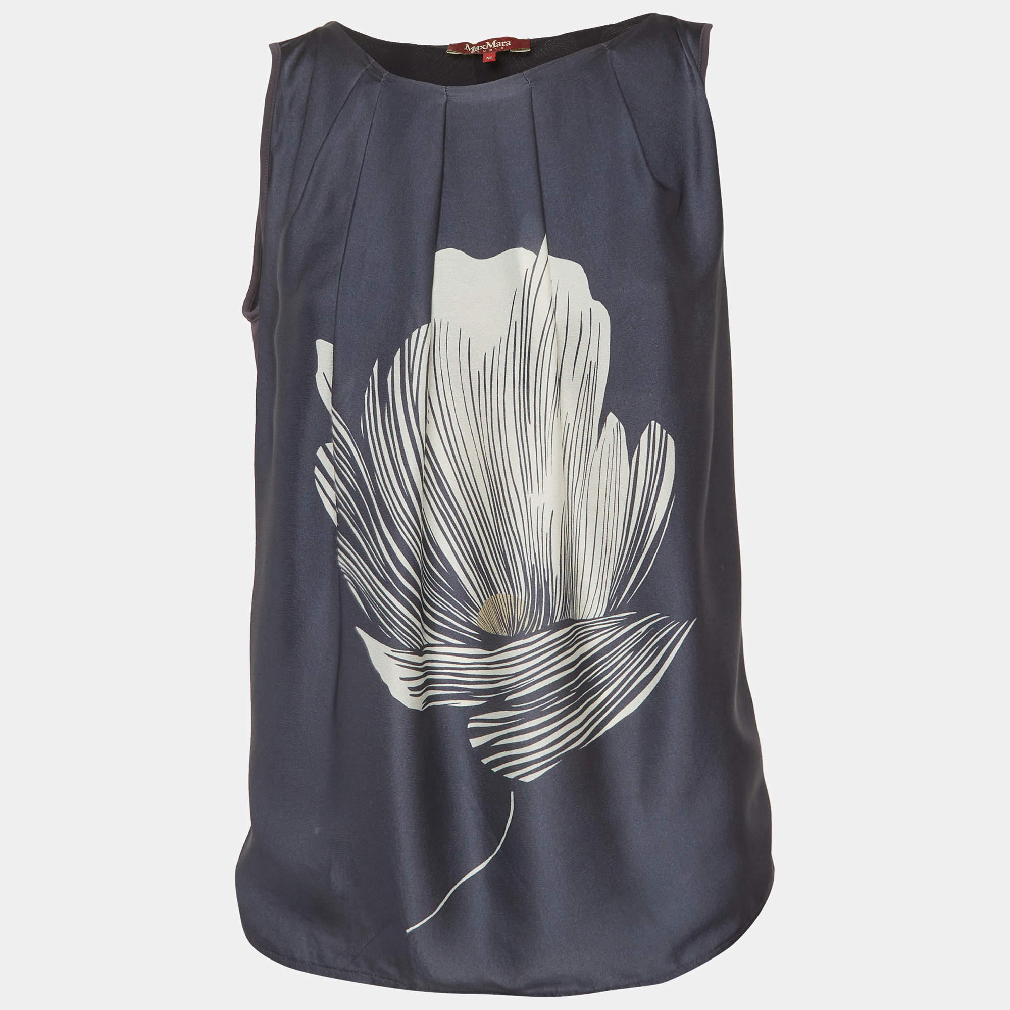 Pre Owned Max Mara Navy Blue Floral Print Silk Sleeveless Top M