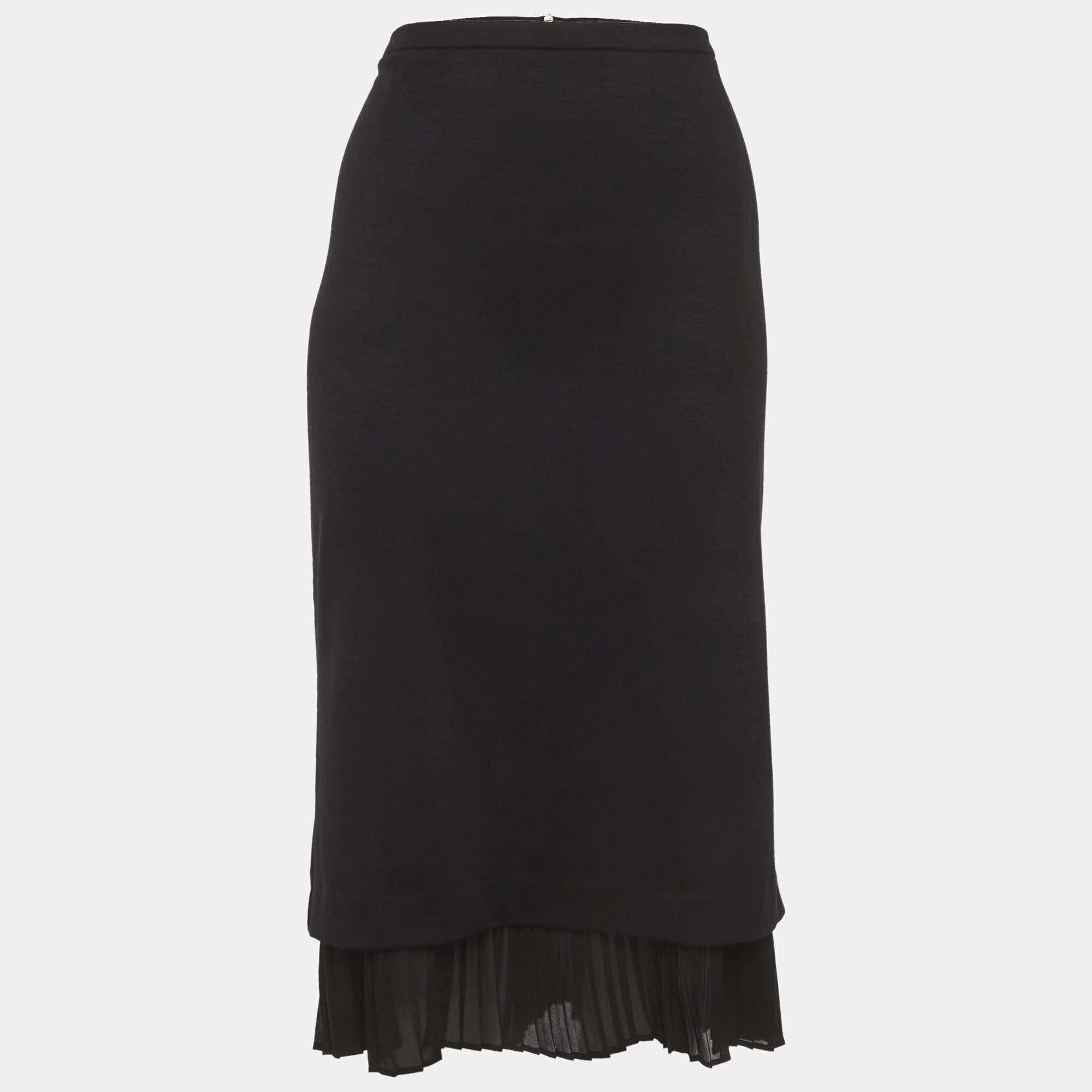 Pre Owned Max Mara Black Plisse Trim Jersey Pencil Skirt L