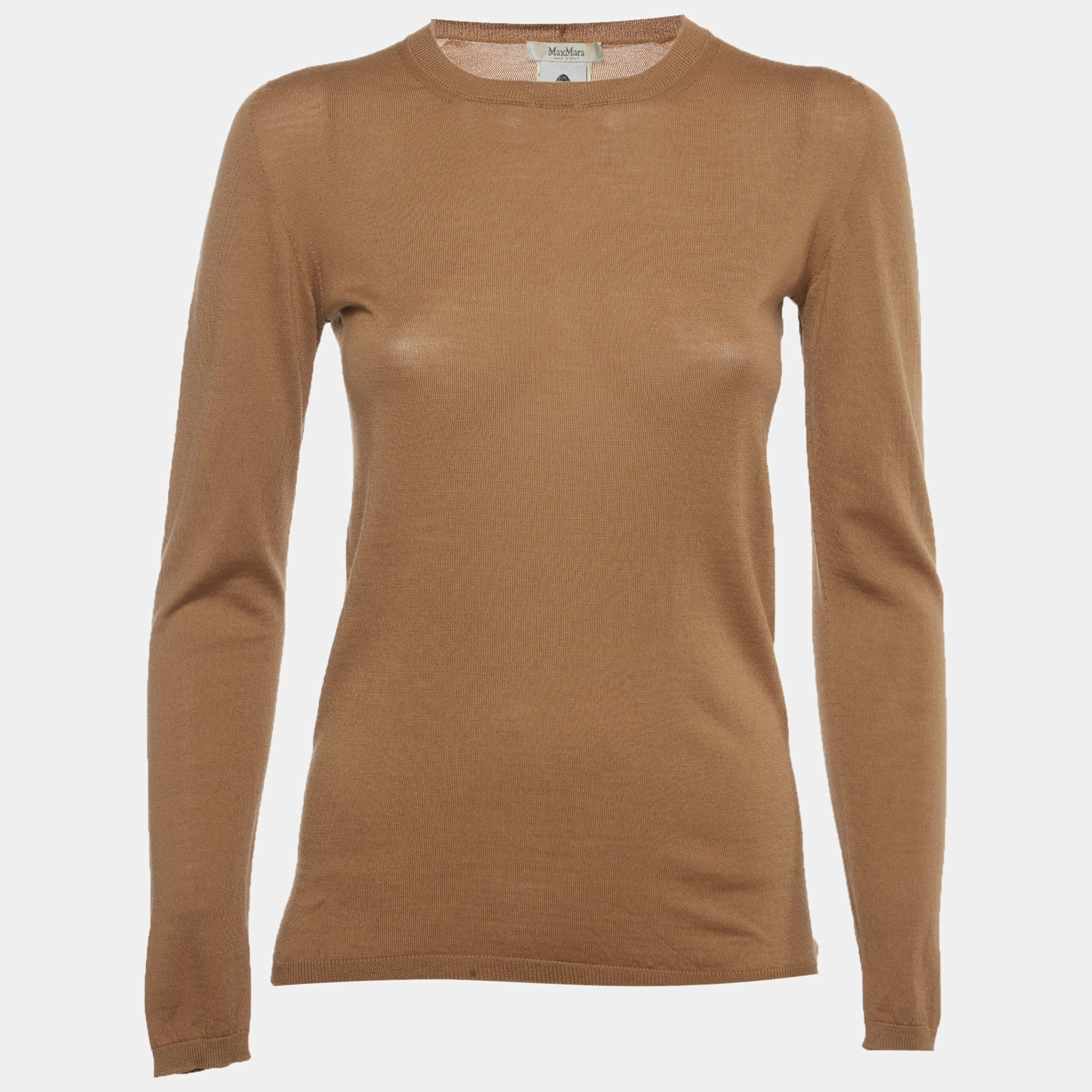 Pre Owned Max Mara Brown Wool Fine Knit Long Sleeve Top S