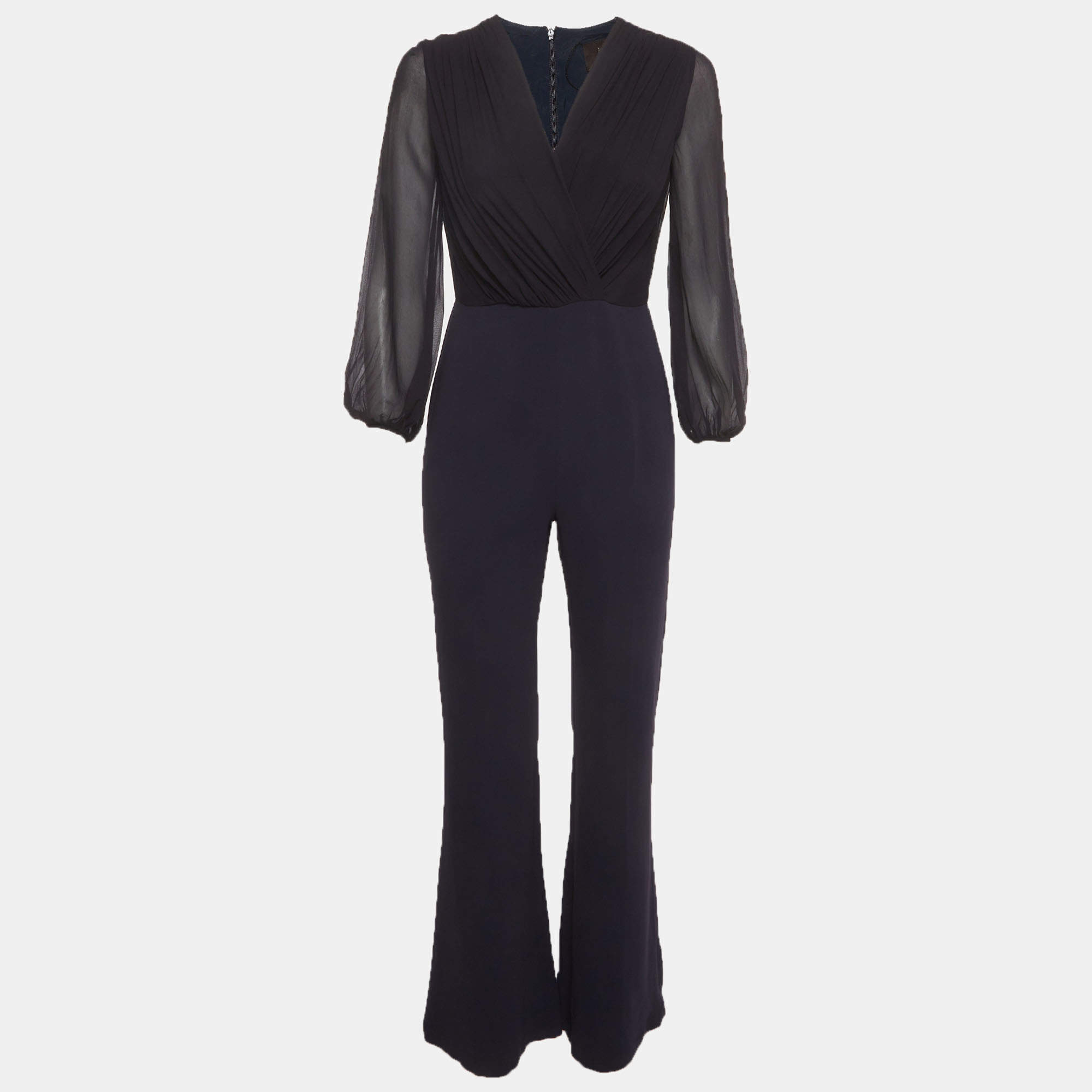 Pre Owned Max Mara Navy Blue Chiffon and Crepe V-Neck Jumpsuit XS