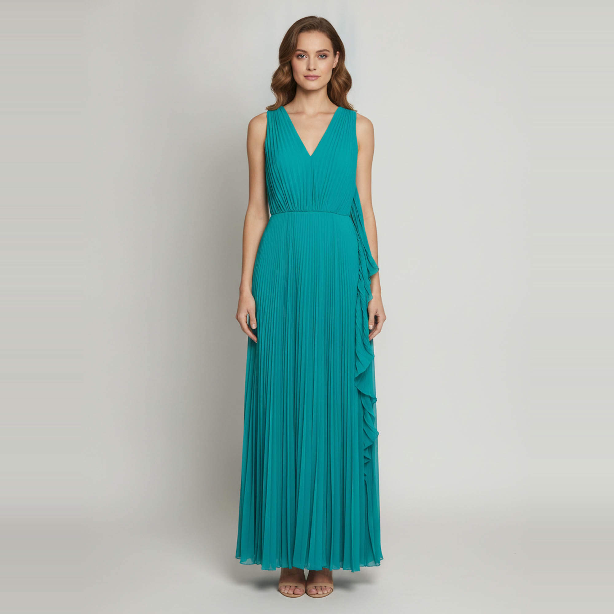 Pre Owned Max Mara Turquoise Plisse Pleated V-Neck Maxi Dress M