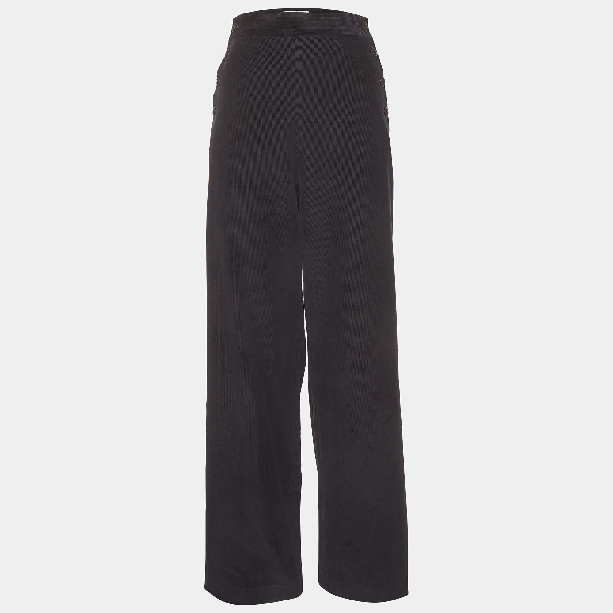 Pre Owned Max Mara Navy Blue Corduroy Wide Leg Pants L 
