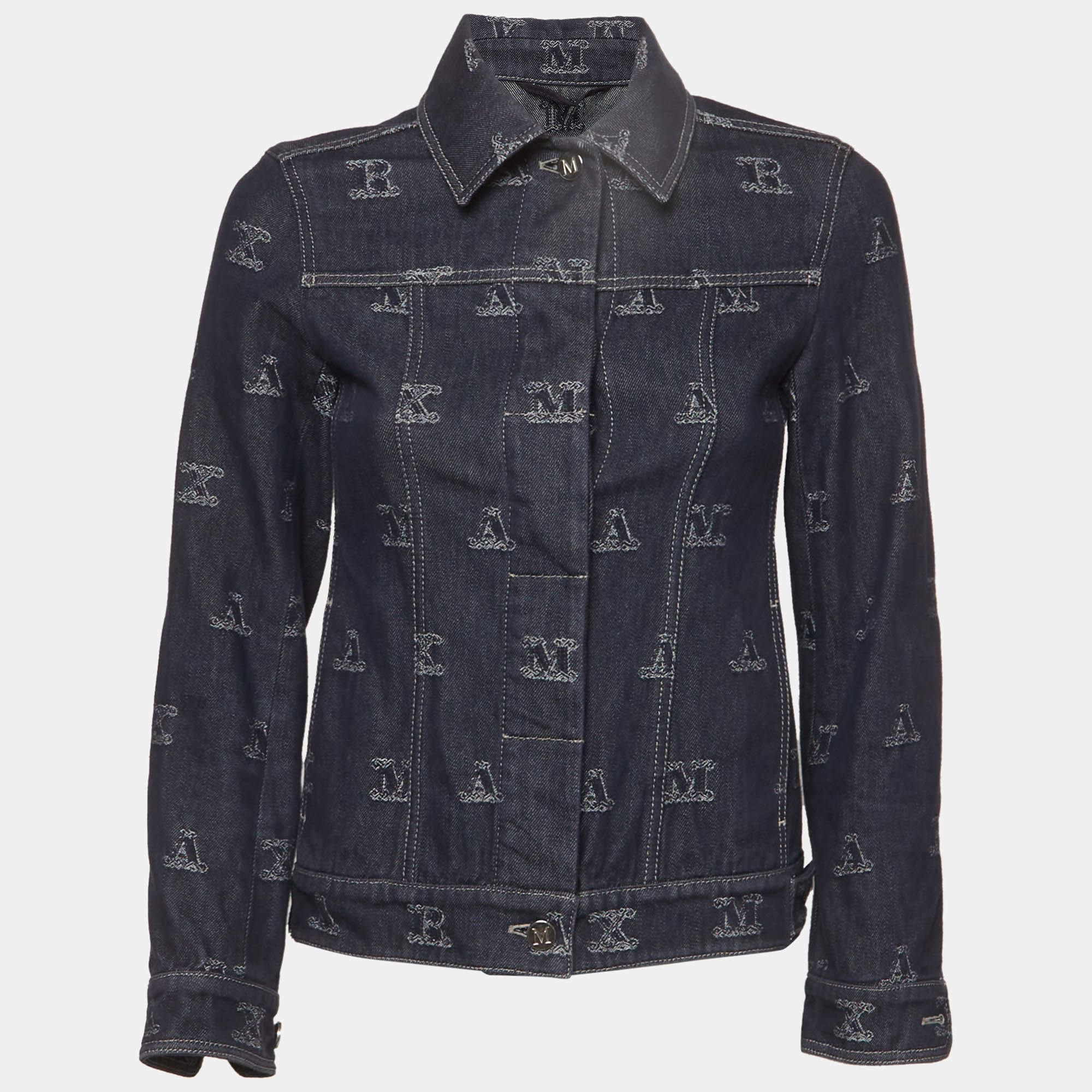 Pre Owned Max Mara Blue Monogram Denim Long Sleeve Jacket M 