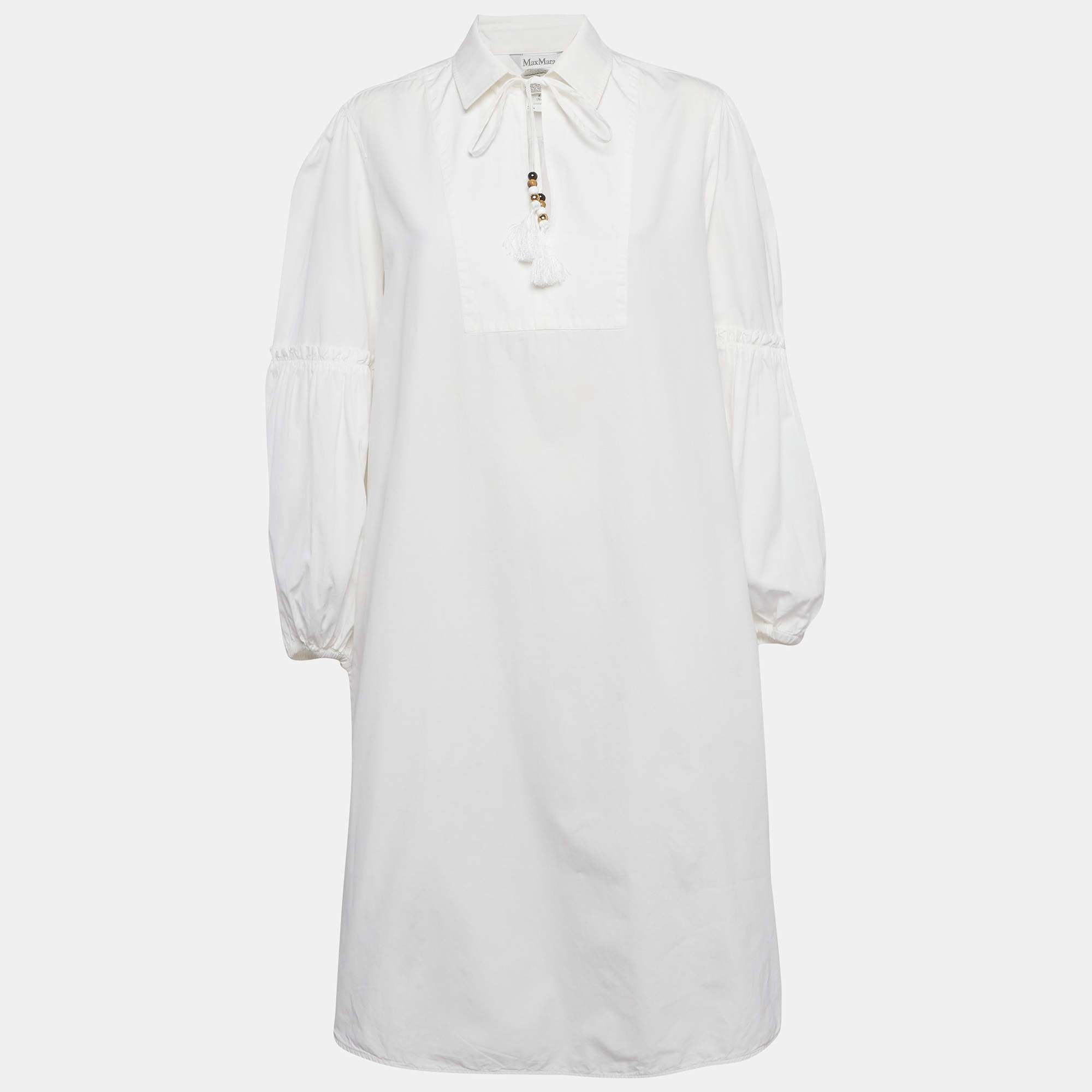 Pre Owned Max Mara White Poplin Tassel Trim V-Neck Tunic Dress M