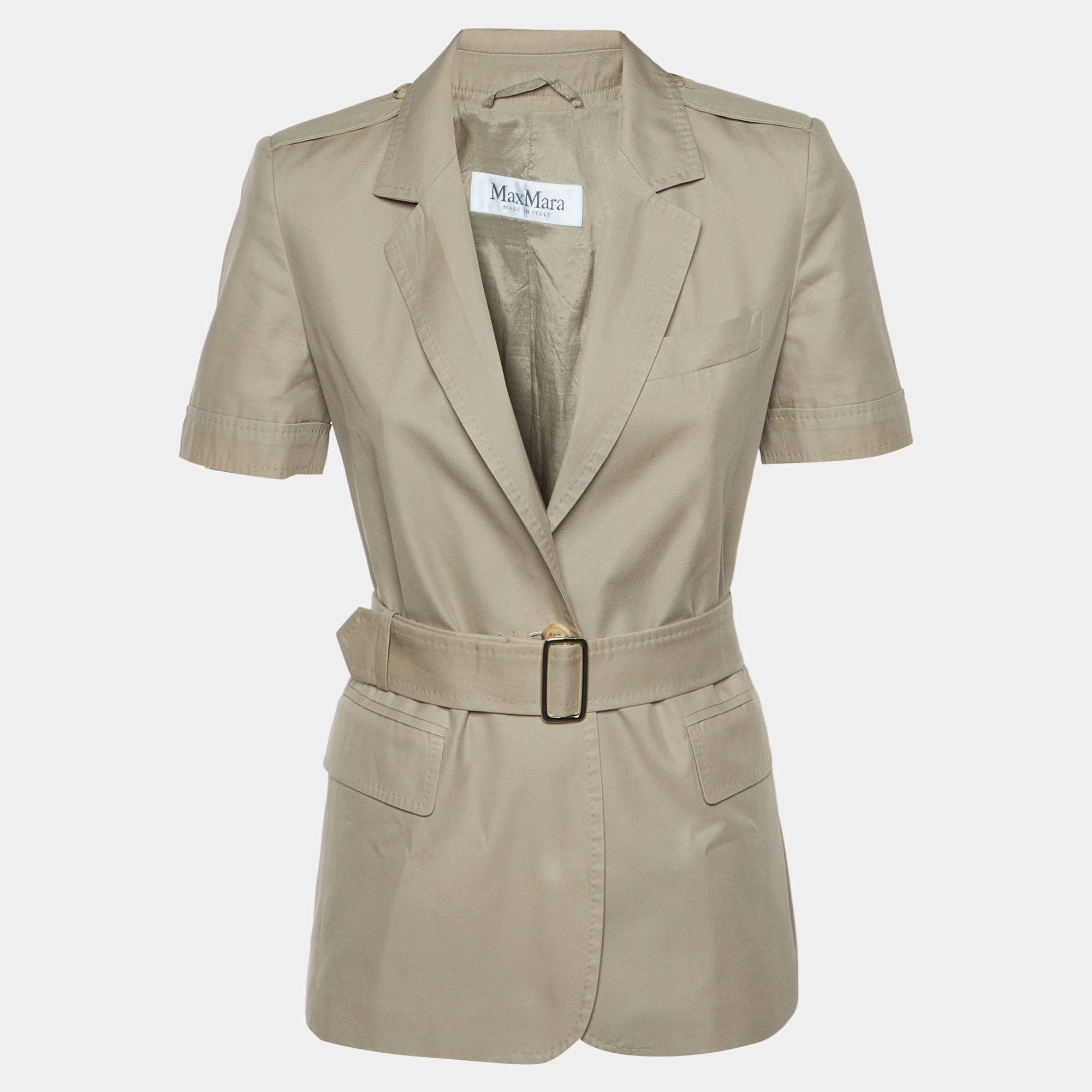 Pre Owned Max Mara Beige Gabardine Belted Short-Sleeve Jacket S