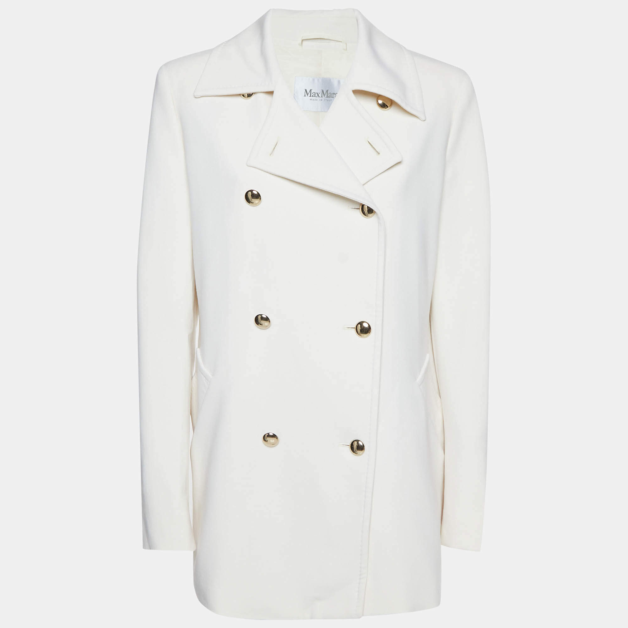 Pre Owned Max Mara White Wool Blend Double-Breasted Rebus Coat L