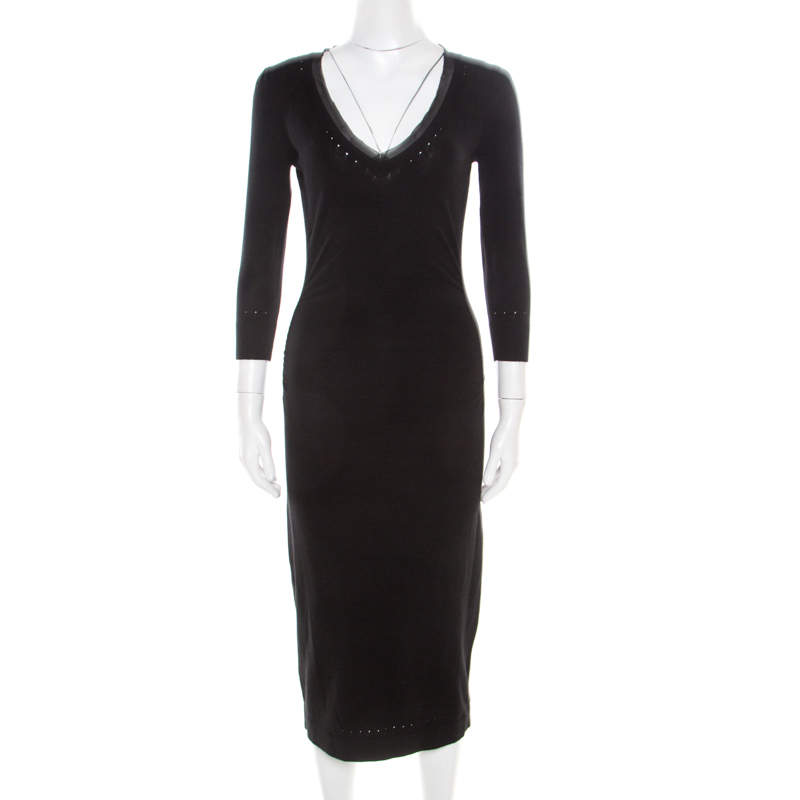 Pre Owned Max Mara Black Perforated Knit Detail Ruched V-Neck Dress S