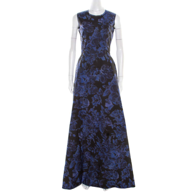 Max Mara Black and Blue Floral Printed Sleeveless Acinoso Gown S