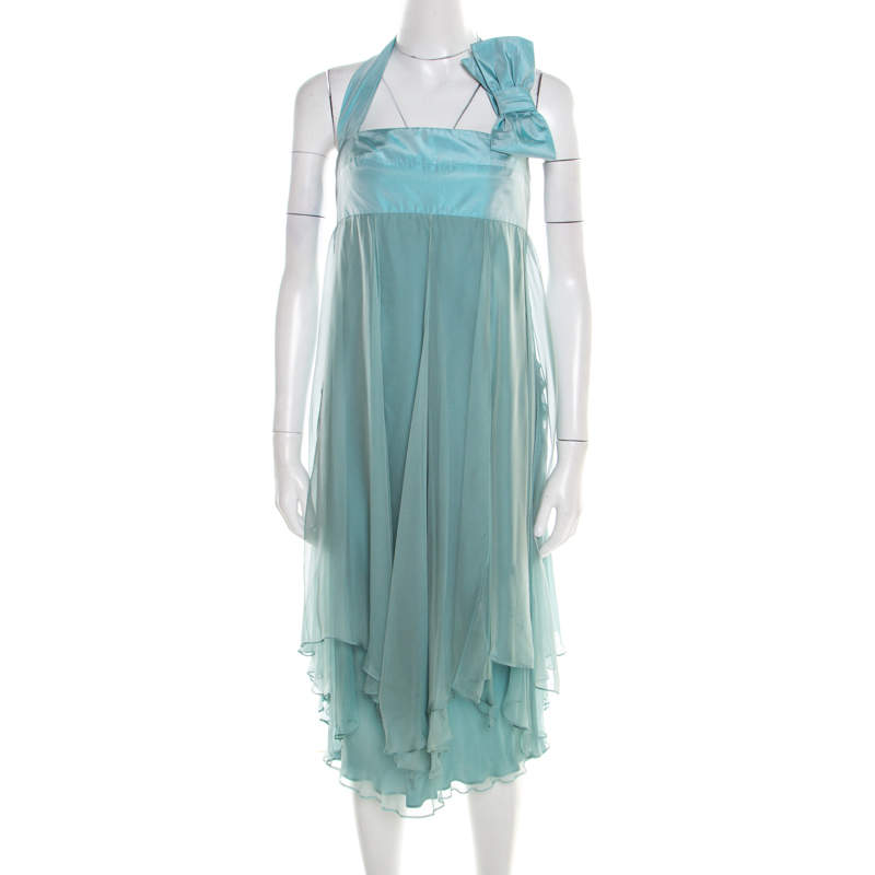 Pre Owned Max Mara Pale Blue Silk Organza Draped Bow Detail Halter Dress M